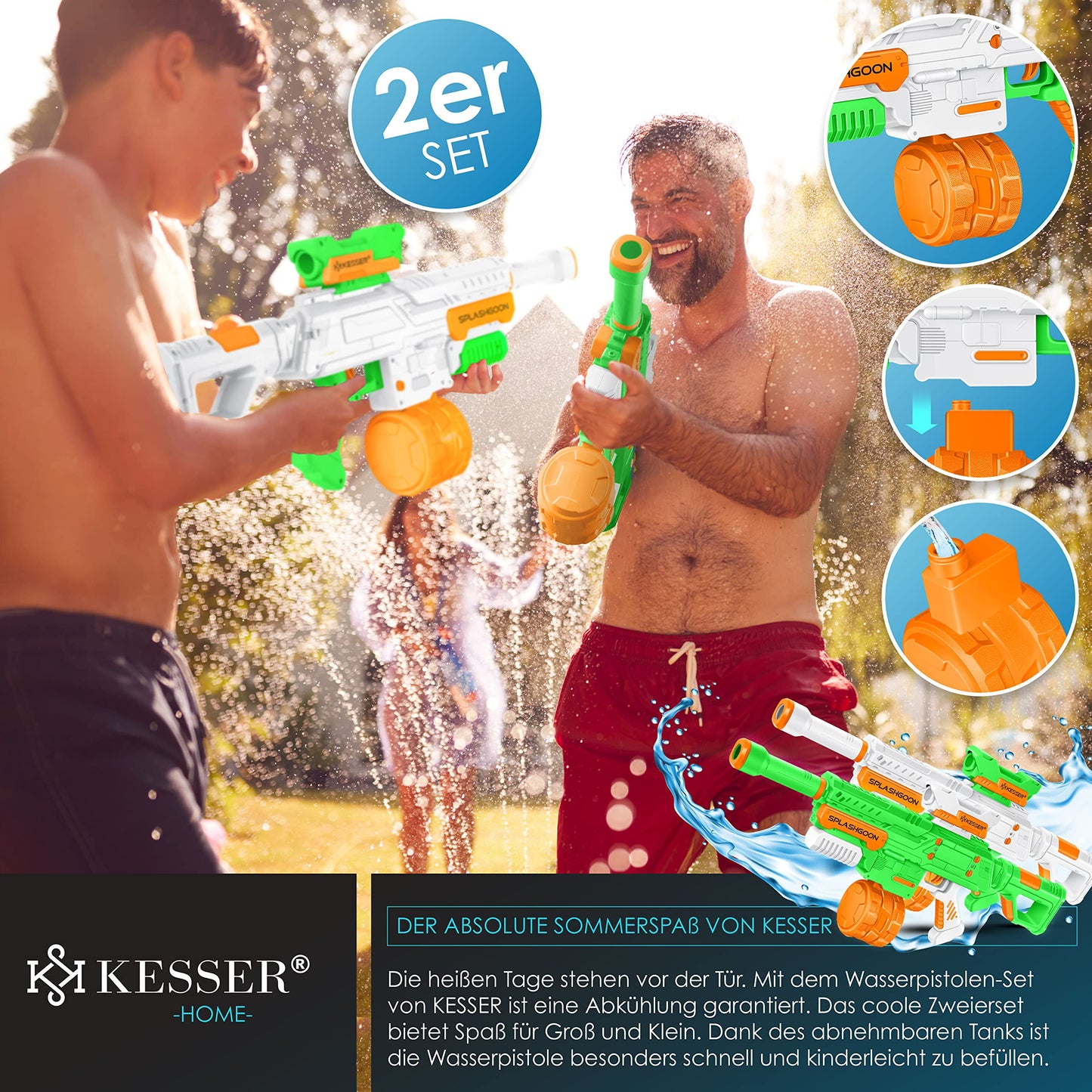 KESSER® Set mit 2 Wasserpistolen, Spritzpistolen mit Zielfernrohr, sehr große Reichweite 16 m, Kapazität 650 ml, Outdoor-Spielzeug für Kinder und Erwachsene, Weiß/Grün