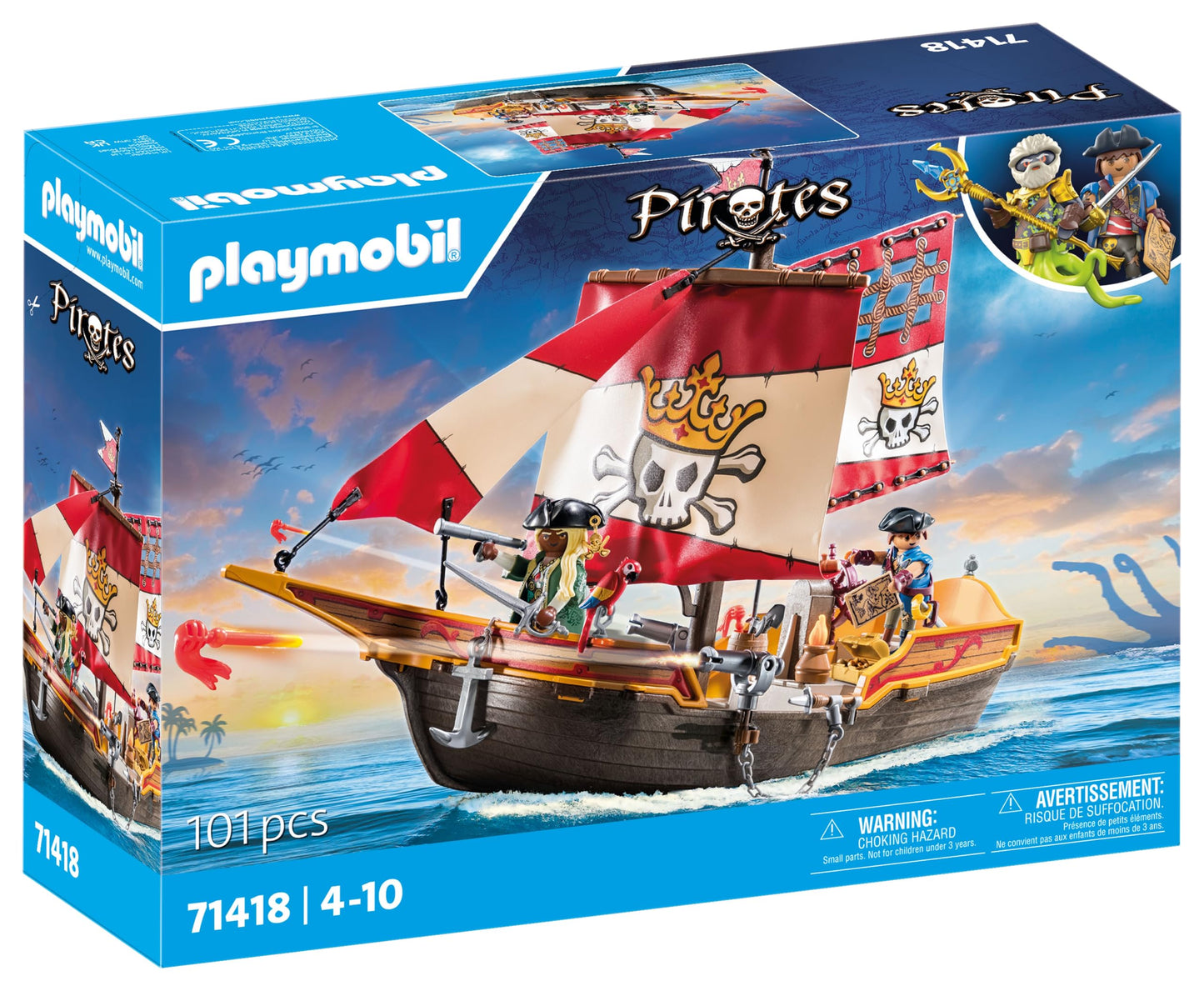 PLAYMOBIL Pirates 71418 Pirate Ship, Exciting Adventures on the High Sea, with Extensive Accessories such as Telescope, Compass and Cannons, Toy for Children from 4 Years