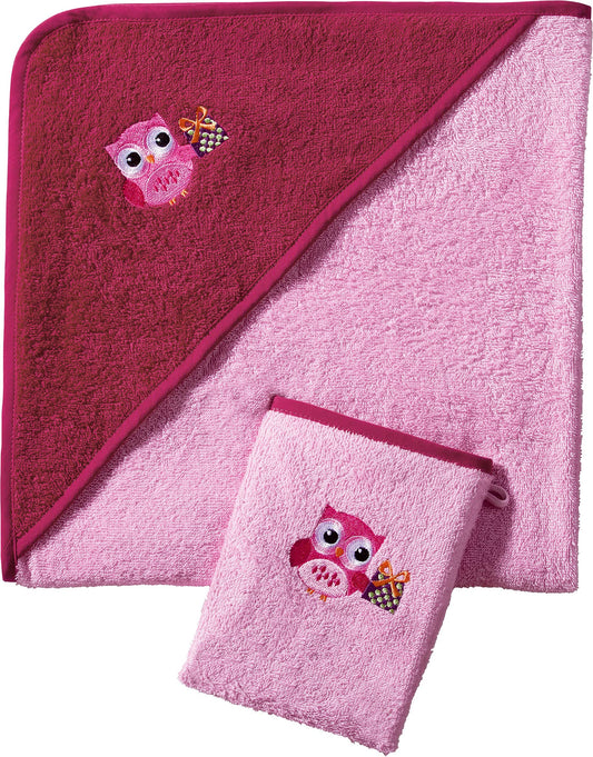 Erwin Müller Kinder Waschhandschuh, Waschlappen Frottier 3er-Pack Eule rosa Größe 15x21 cm - saugstark, langlebig, angenehm weich
