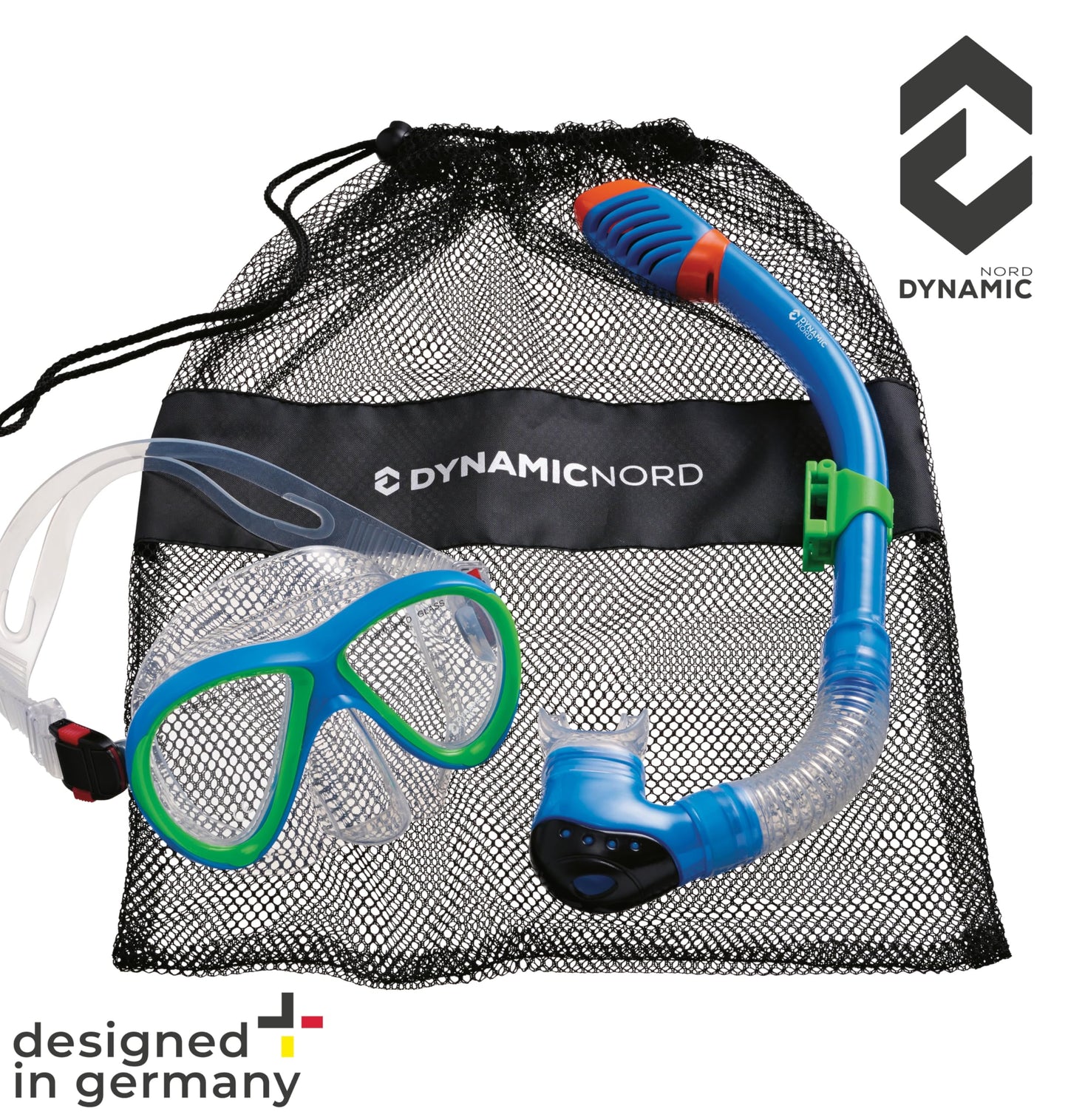 DYNAMICNORD - Kinder Schnorchelset – Designed in Germany – Profi Silikon 2er Set Tauchset Schnorchelset für Kinder (Taucherbrille, Trocken Schnorchel & Netztasche) mit Dry Schnorchel & Sicherheitsglas