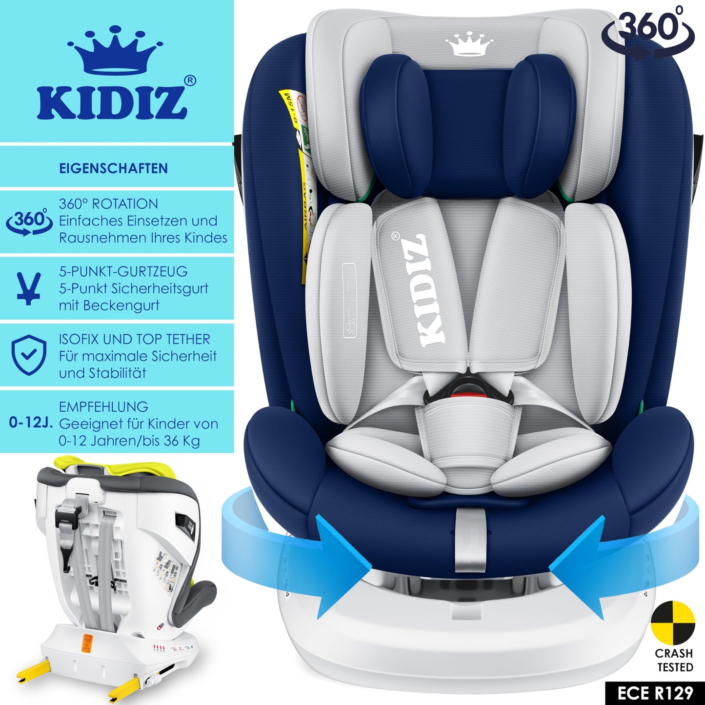 KIDIZ® Kindersitz Baby Autositz Kinderautositz Isofix Top Tether 360° drehbar Gruppe 0/1/2/3 ab Geburt 0-36kg Mit Sonnenschutzdach Seitenschutz 5 Punkt Gurt Kopfstützenverstellung ECE R129 Grau - Meloni2
