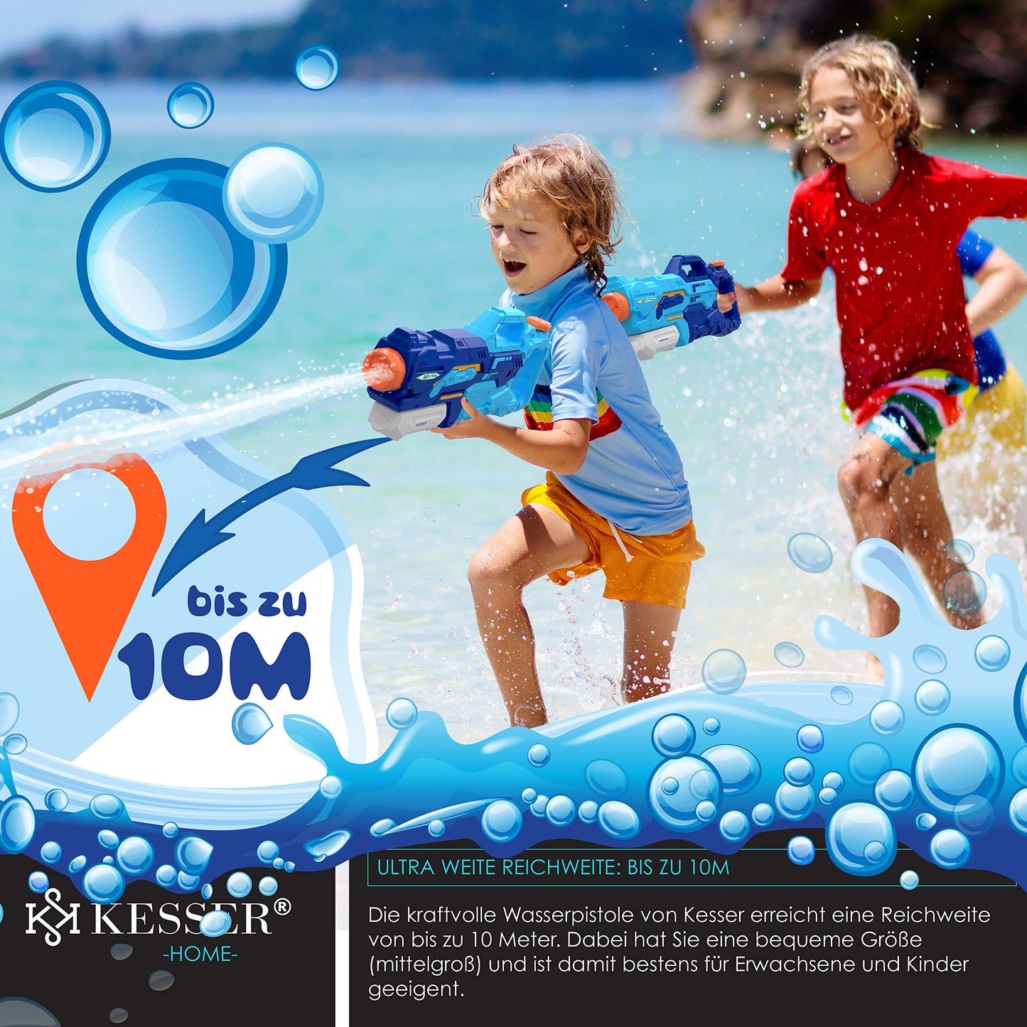 KESSER® Wasserpistole 2er Set Wasserpistolen Spritzpistolen Reichweite 10-11 Meter, Fassungsvermögen 1500ml Wasserspaß Strand Spielzeug im Freien für Kinder und Erwachsene Strandpool, Blau/Weiß