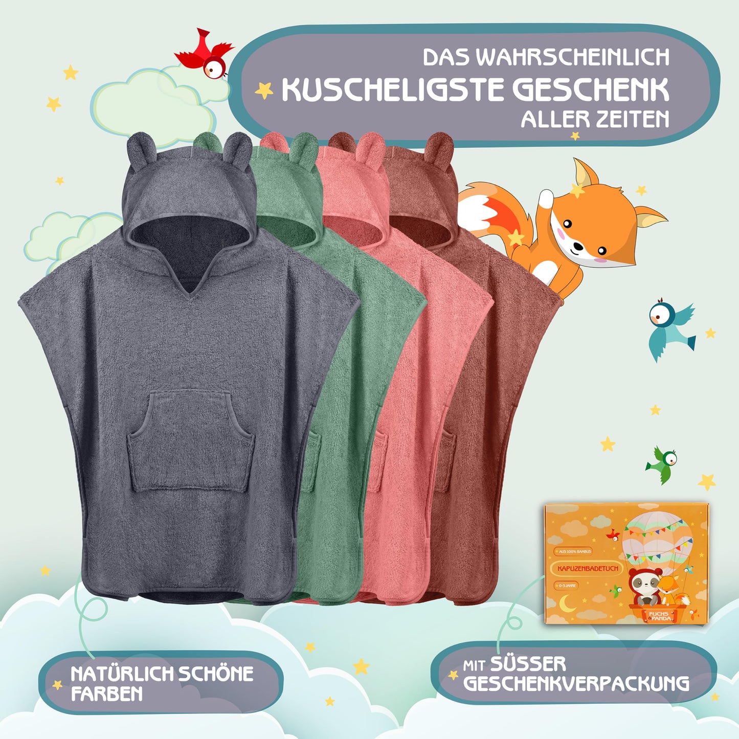 Fuchs&Panda® Badeponcho Kinder EXTRA warm, weich & kuschelig (100% Bambus) | Badeponcho Baby | Handtuch Poncho Kinder mit toller Geschenkverpackung (Kupfer-grün)