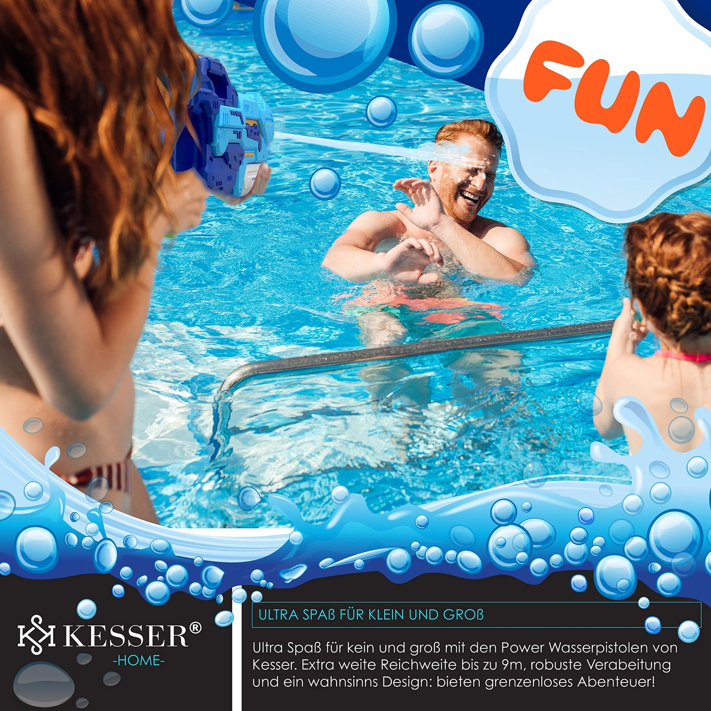 KESSER® Wasserpistole 2er Set Wasserpistolen Spritzpistolen Reichweite 10-11 Meter, Fassungsvermögen 1500ml Wasserspaß Strand Spielzeug im Freien für Kinder und Erwachsene Strandpool, Blau/Weiß