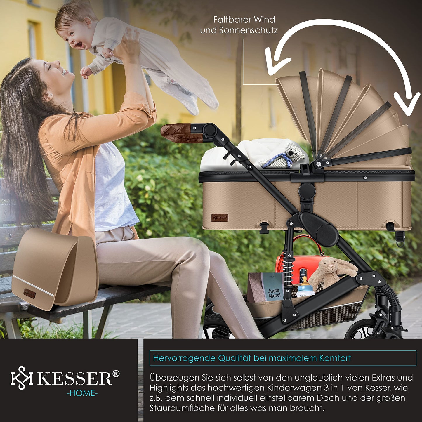 KESSER® Loops 3 in 1 Kinderwagen Kombikinderwagen Komplett-Set inkl. Babywanne & Buggy Sportsitz & Auto-Babyschale Voll-Gummireifen Wickeltasche Regenschutz Kindertisch ECE R129, Schwarz/Champagne - Meloni2