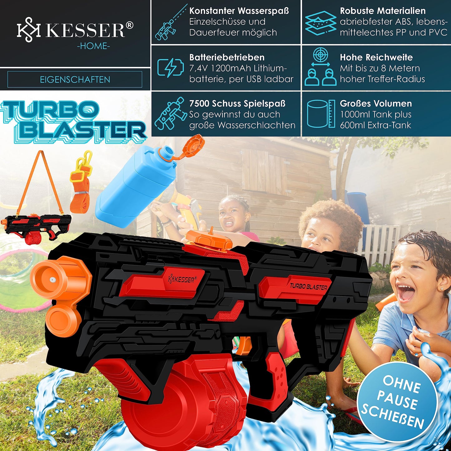 KESSER® Wasserpistole Elektrisch mit Akku Spritzpistolen 1000 ml große Wasserspritzpistole für Kinder und Erwachsene, 8m Reichweite, Wasserspielzeug inkl. Akku, Ladekabel & Extra-Tank Rot/Schwarz