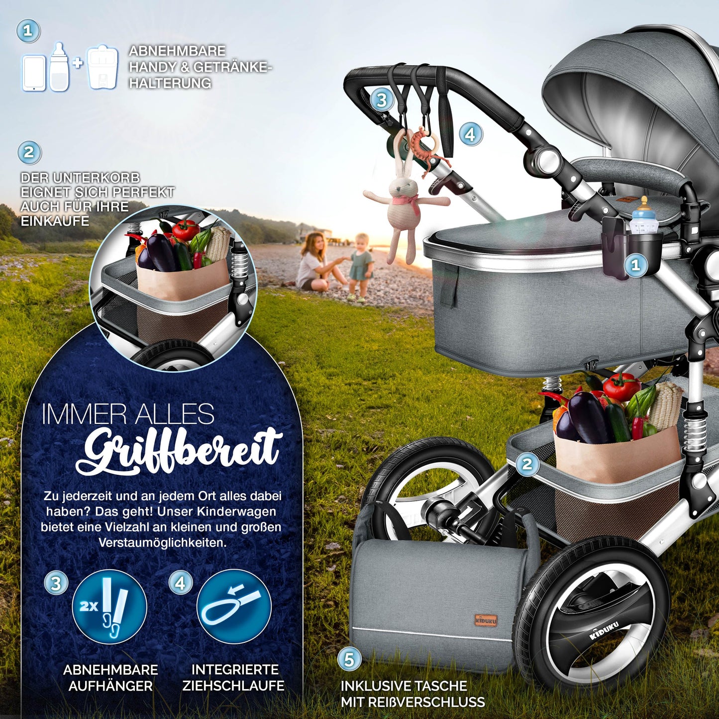 KIDUKU® 3 in 1 Kinderwagen Komplettset | Kombikinderwagen Set inkl. Babywanne & Buggy Sportsitz & Auto-Babyschale Fußsack | Vollgummireifen Wickeltasche Handwärmer Regenschutz Kindertisch ECE R129