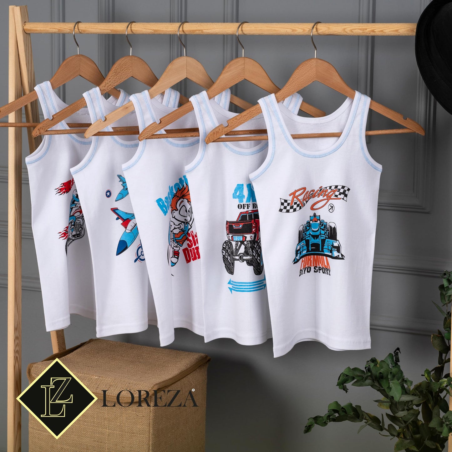 LOREZA ® 5 Pack Jungen Unterhemden 100% gerippte Baumwolle ohne Seitennaht Tank Top