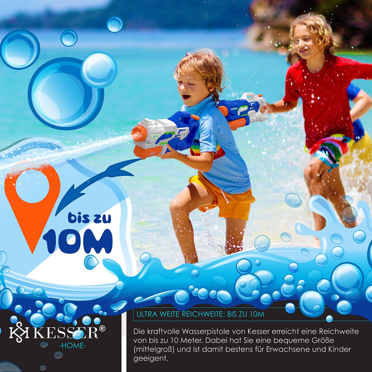 KESSER® Wasserpistole 2er Set Wasserpistolen Spritzpistolen Reichweite 10-11 Meter, Fassungsvermögen 1500ml Wasserspaß Strand Spielzeug im Freien für Kinder und Erwachsene Strandpool, Blau/Weiß