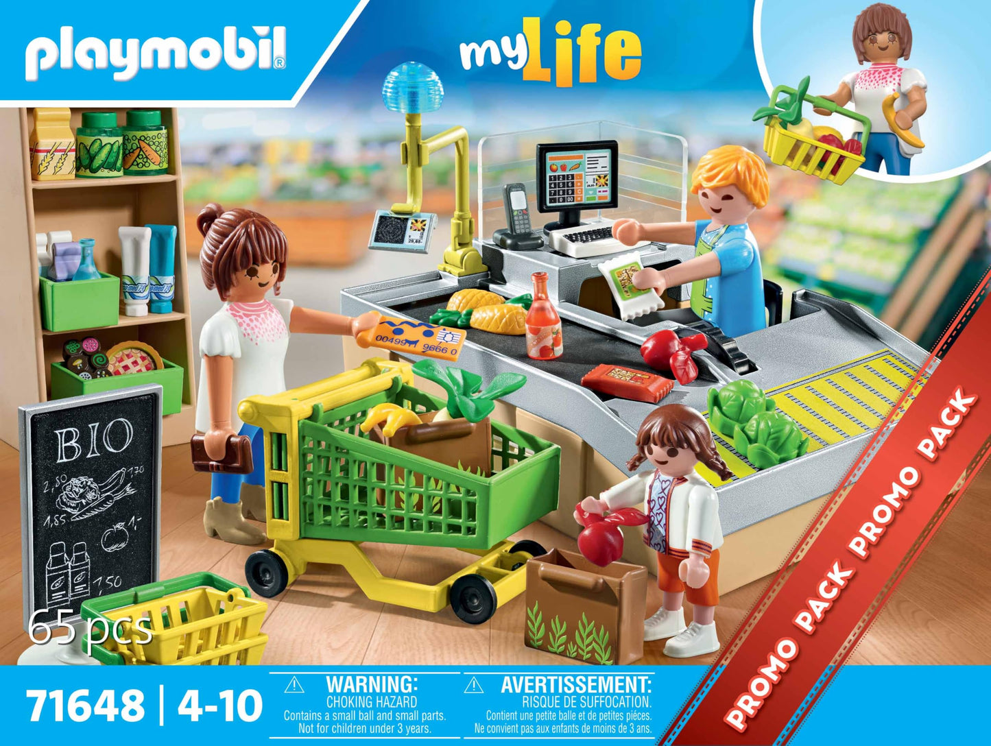 PLAYMOBIL MyLife Promo Pack 71648 Bio-Supermarkt, inklusive Kasse mit Warenlaufband, Einkaufswagen und DREI Figuren, detailreiches Spielzeug für Kinder ab 4 Jahren