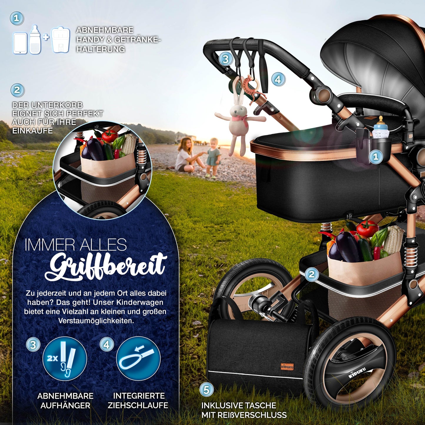 KIDUKU® 3 in 1 Kinderwagen Komplettset | Kombikinderwagen Set inkl. Babywanne & Buggy Sportsitz & Auto-Babyschale Fußsack | Vollgummireifen Wickeltasche Handwärmer Regenschutz Kindertisch ECE R129