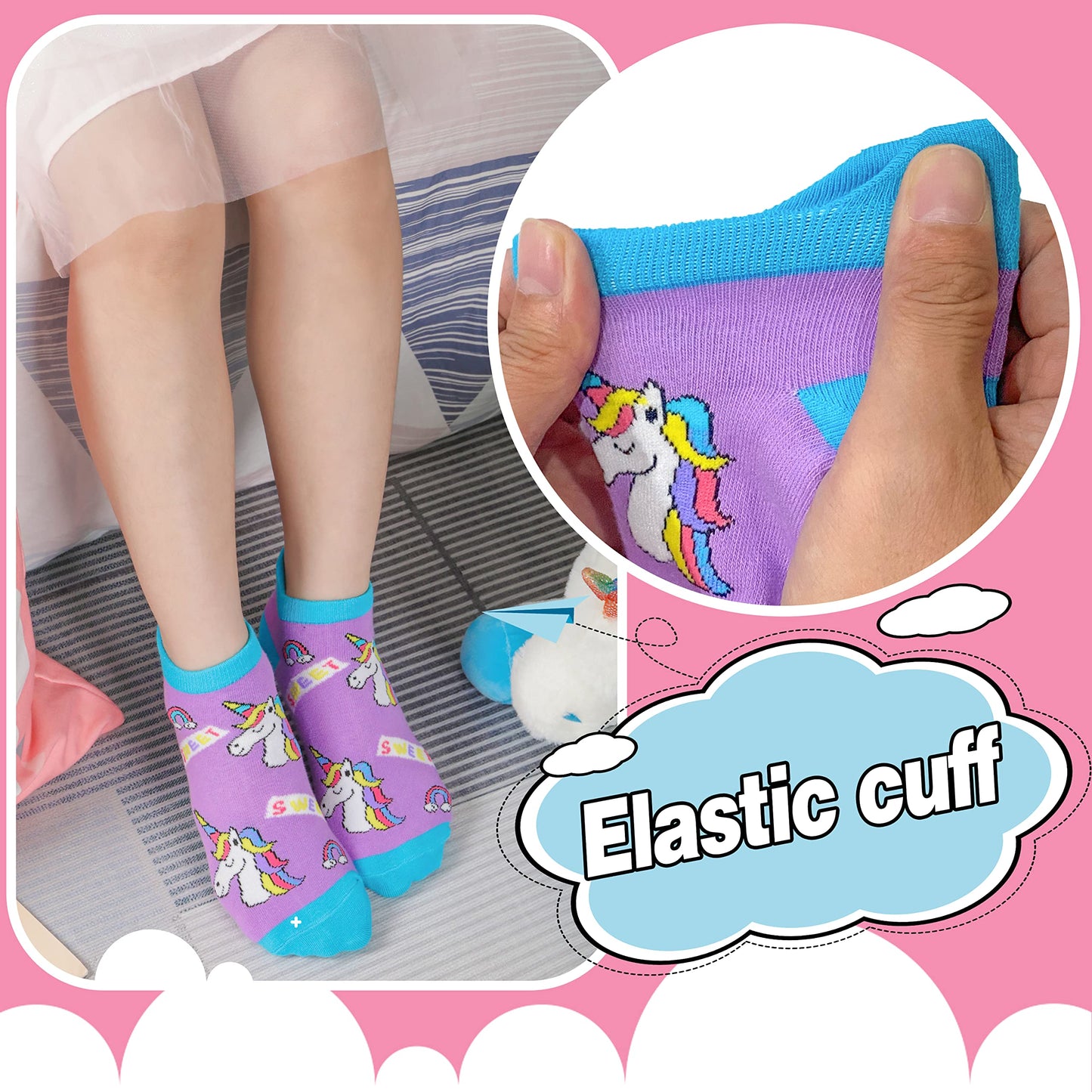 ANTSANG Kinder Lustige Socken Mädchen Sneaker Socken Kurze Einhorn Kindersocken Bunte Cartoon Baumwolle Kleinkind Socken 6 Paare