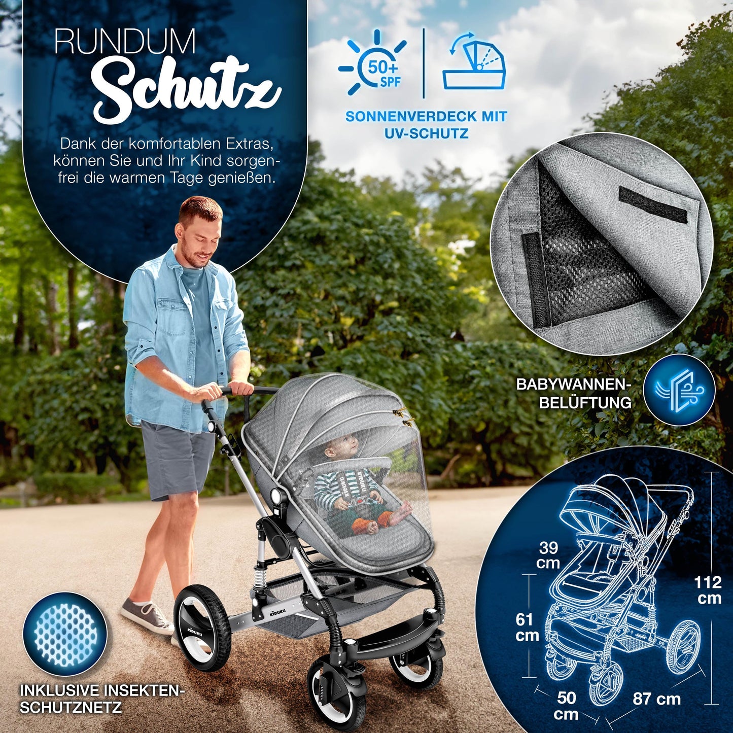KIDUKU® 3 in 1 Kinderwagen Komplettset | Kombikinderwagen Set inkl. Babywanne & Buggy Sportsitz & Auto-Babyschale Fußsack | Vollgummireifen Wickeltasche Handwärmer Regenschutz Kindertisch ECE R129