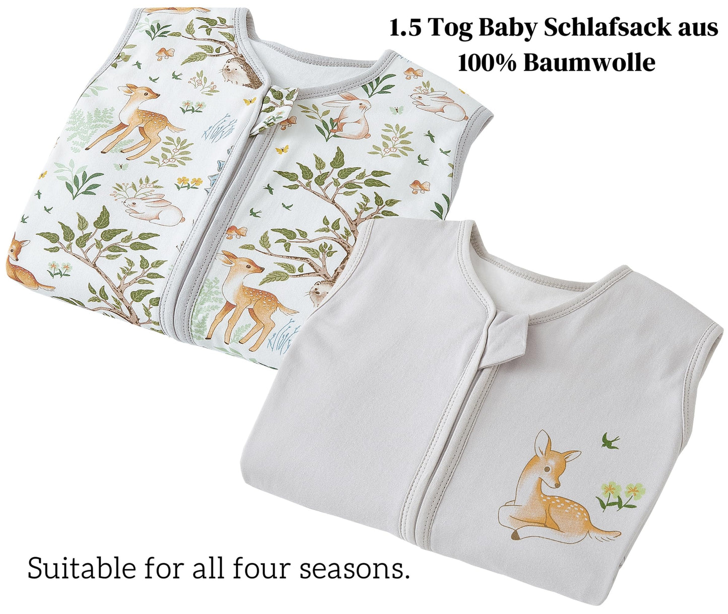 Chilsuessy Children's Sleeping Bag 1.5 Tog Pack of 2 Baby Sleeping Bag Made of 100% Cotton, Baby All-Year Sleeping Bag Pyjamas for Boys and Girls, 1.5 Tog/Elephant Lion + Green, 110 cm / Baby Height
