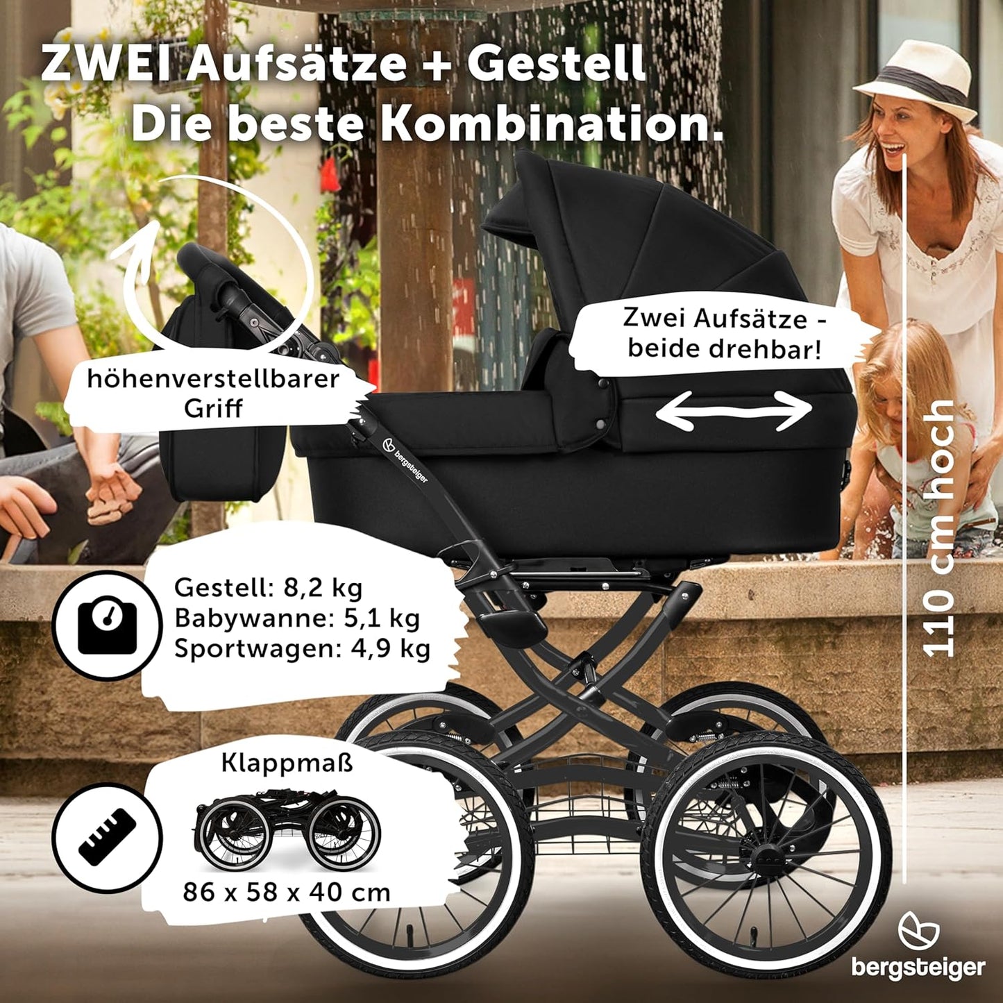 Bergsteiger Venice Nostalgia 3-in-1 Combination Pushchair - Baby Carrier, Sports Seat & i-Size Baby Seat, Pneumatic Tyres, Suspension, Height-Adjustable Handle, Foldable, Accessories