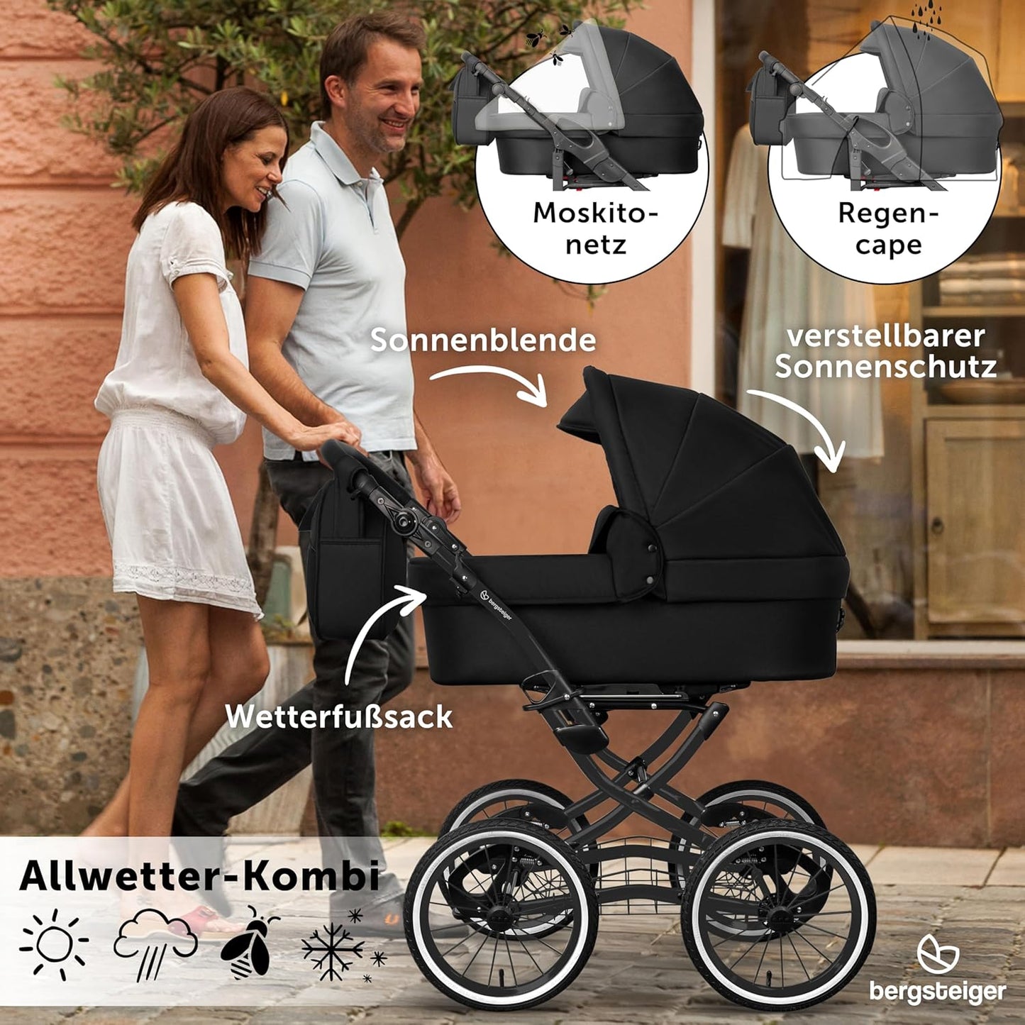 Bergsteiger Venice Nostalgia 3-in-1 Combination Pushchair - Baby Carrier, Sports Seat & i-Size Baby Seat, Pneumatic Tyres, Suspension, Height-Adjustable Handle, Foldable, Accessories