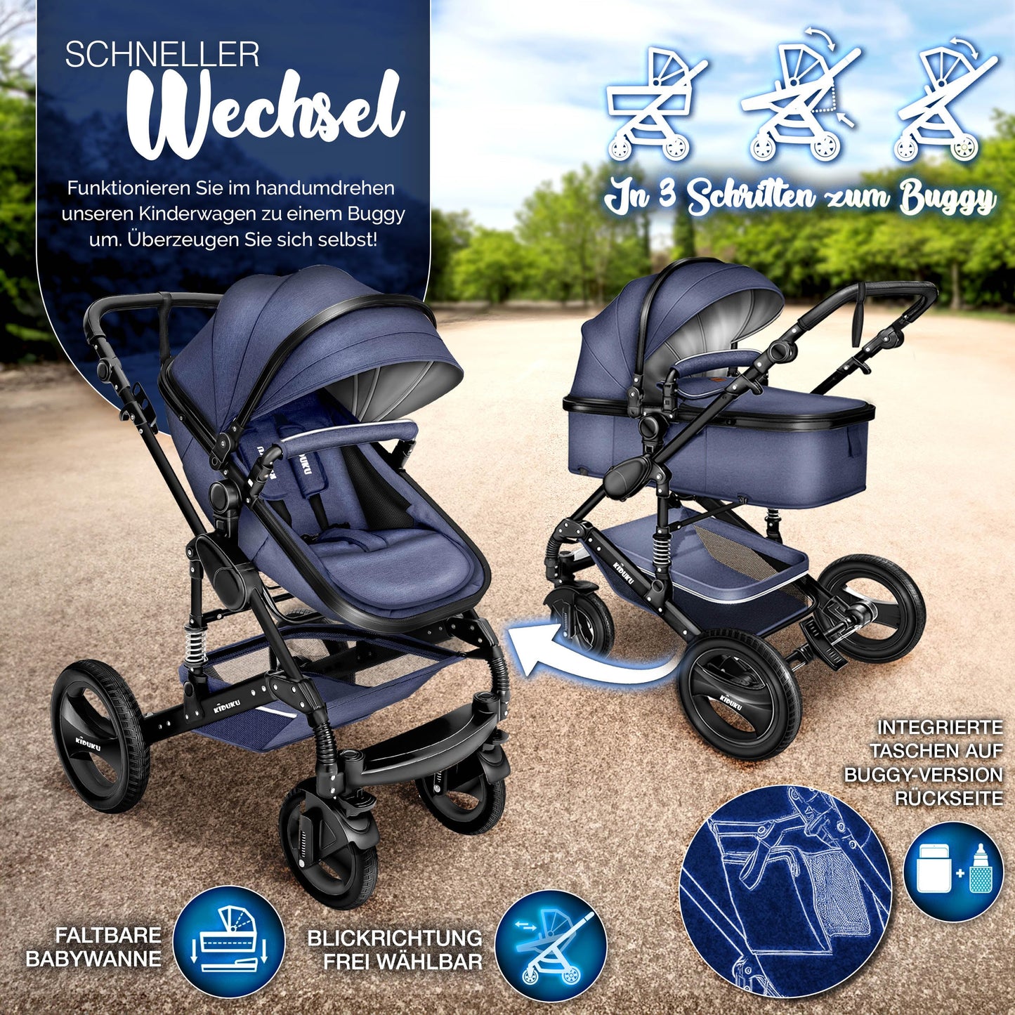 KIDUKU® 3 in 1 Kinderwagen Komplettset | Kombikinderwagen Set inkl. Babywanne & Buggy Sportsitz & Auto-Babyschale Fußsack | Vollgummireifen Wickeltasche Handwärmer Regenschutz Kindertisch ECE R129