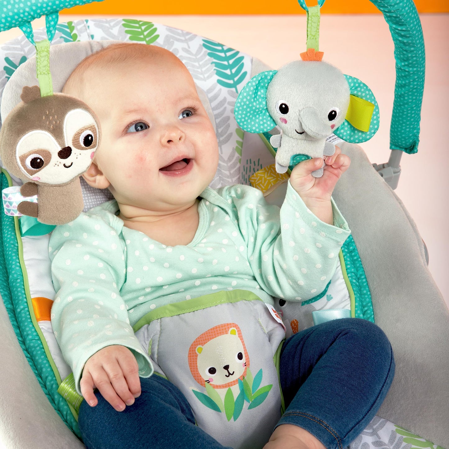 Bright Starts, Babywippe Babyschaukel mit beruhigenden Vibrationen, Babysitz, Musik, abnehmbarer Spielbügel, 0-6 Monate, bis zu 20 lbs (Whimsical Wild)