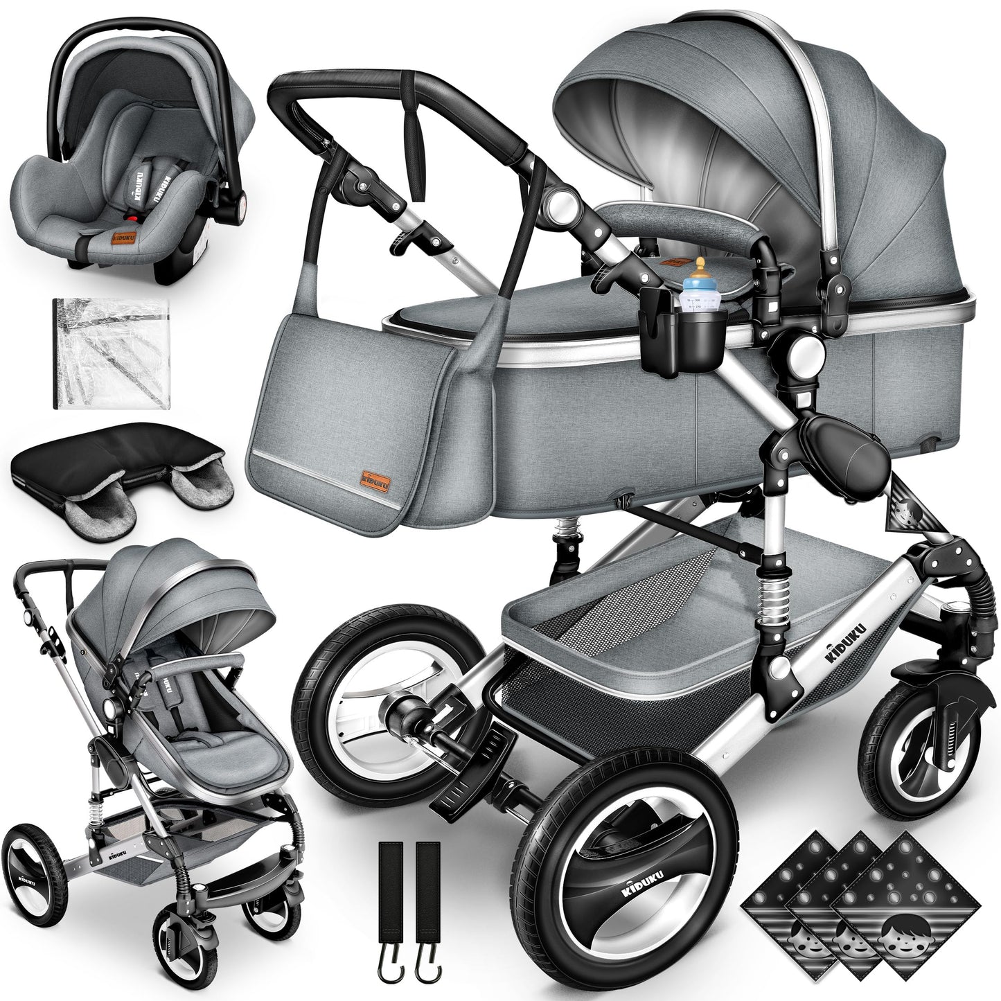 KIDUKU® 3-in-1 Stroller Complete Set | Combi Stroller Set including Carrycot & Buggy, Sports Seat & Car Seat, Footmuff | Solid Rubber Tires, Changing Bag, Hand Warmers, Rain Cover, Children's Table, ECE R129