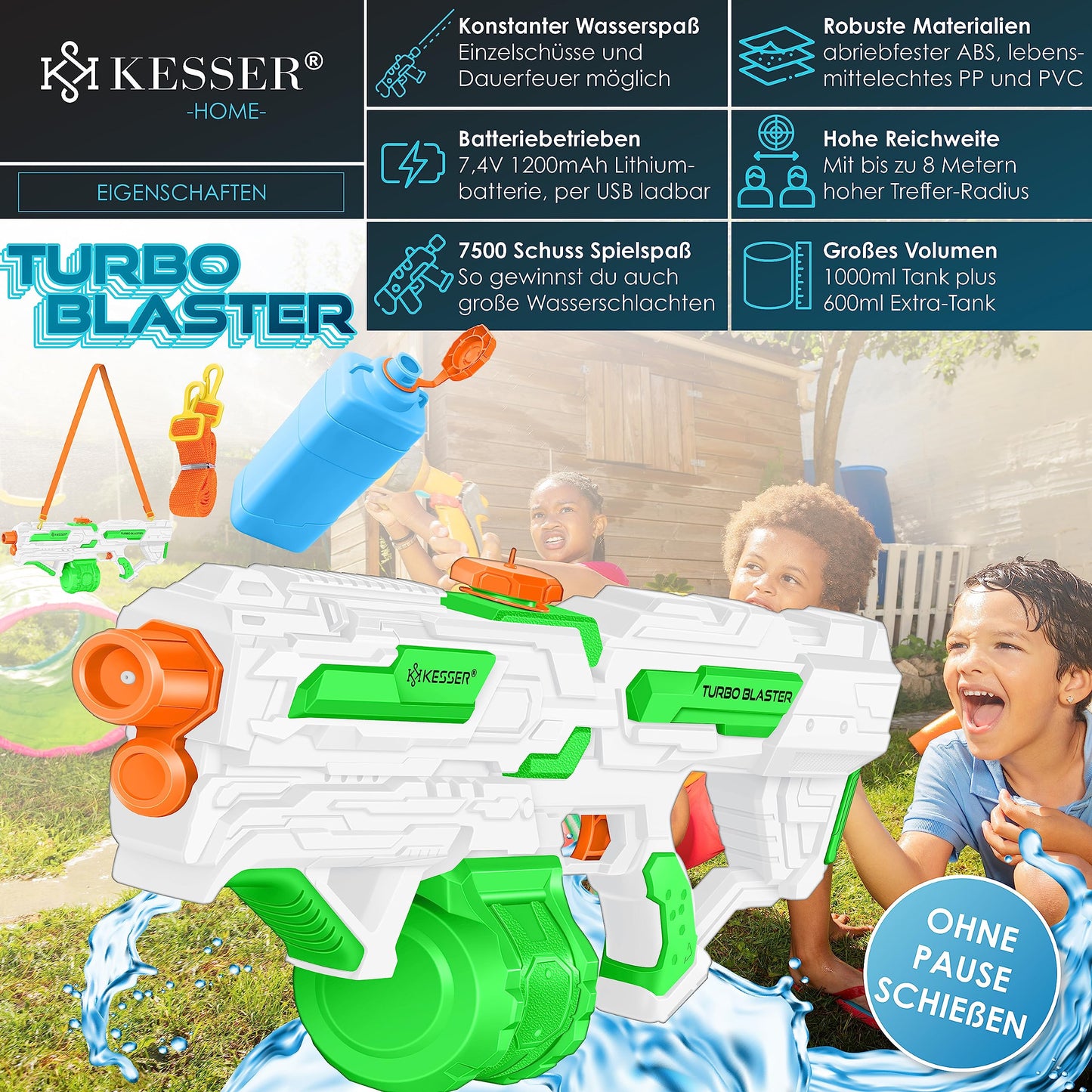 KESSER® Wasserpistole Elektrisch mit Akku Spritzpistolen 1000 ml große Wasserspritzpistole für Kinder und Erwachsene, 8m Reichweite, Wasserspielzeug inkl. Akku, Ladekabel & Extra-Tank Rot/Schwarz