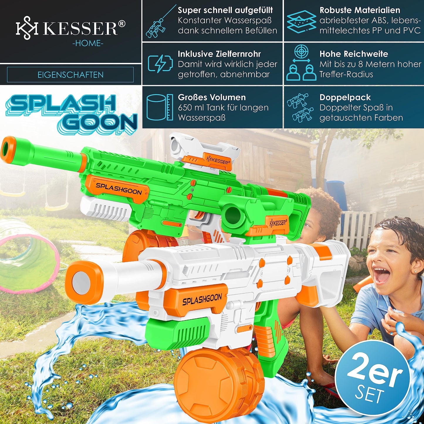KESSER® Set mit 2 Wasserpistolen, Spritzpistolen mit Zielfernrohr, sehr große Reichweite 16 m, Kapazität 650 ml, Outdoor-Spielzeug für Kinder und Erwachsene, Weiß/Grün
