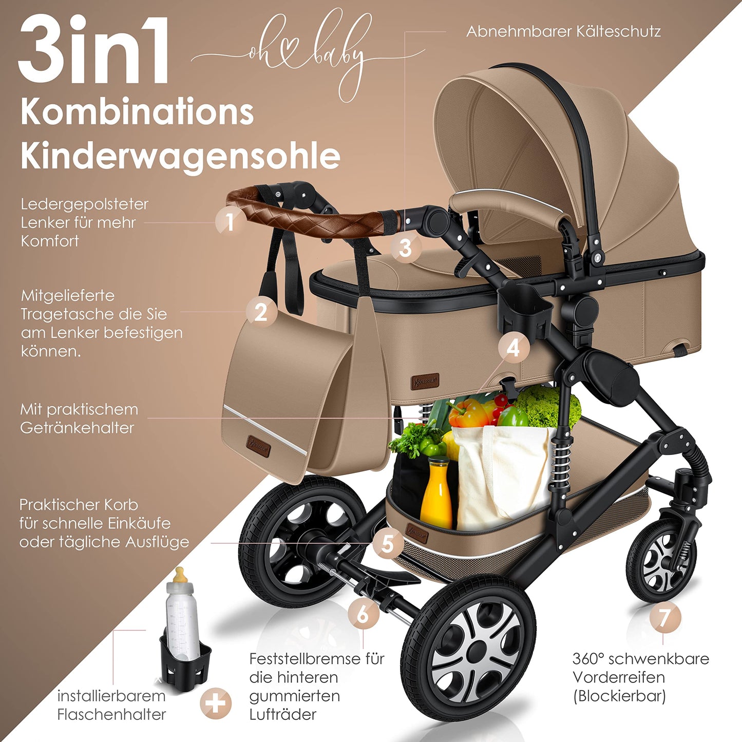 KESSER® Loops 3 in 1 Kinderwagen Kombikinderwagen Komplett-Set inkl. Babywanne & Buggy Sportsitz & Auto-Babyschale Voll-Gummireifen Wickeltasche Regenschutz Kindertisch ECE R129, Schwarz/Champagne - Meloni2