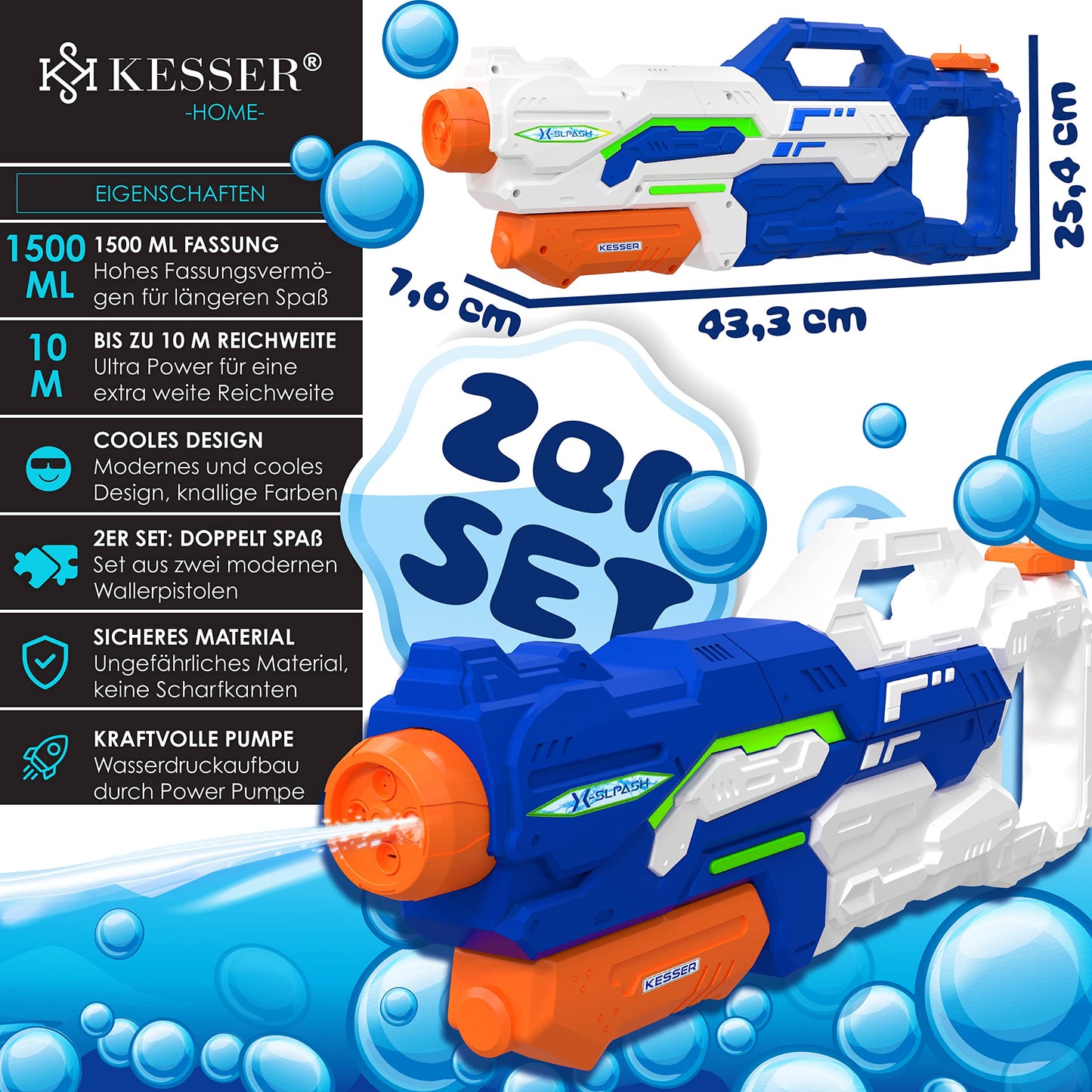 KESSER® Wasserpistole 2er Set Wasserpistolen Spritzpistolen Reichweite 10-11 Meter, Fassungsvermögen 1500ml Wasserspaß Strand Spielzeug im Freien für Kinder und Erwachsene Strandpool, Blau/Weiß