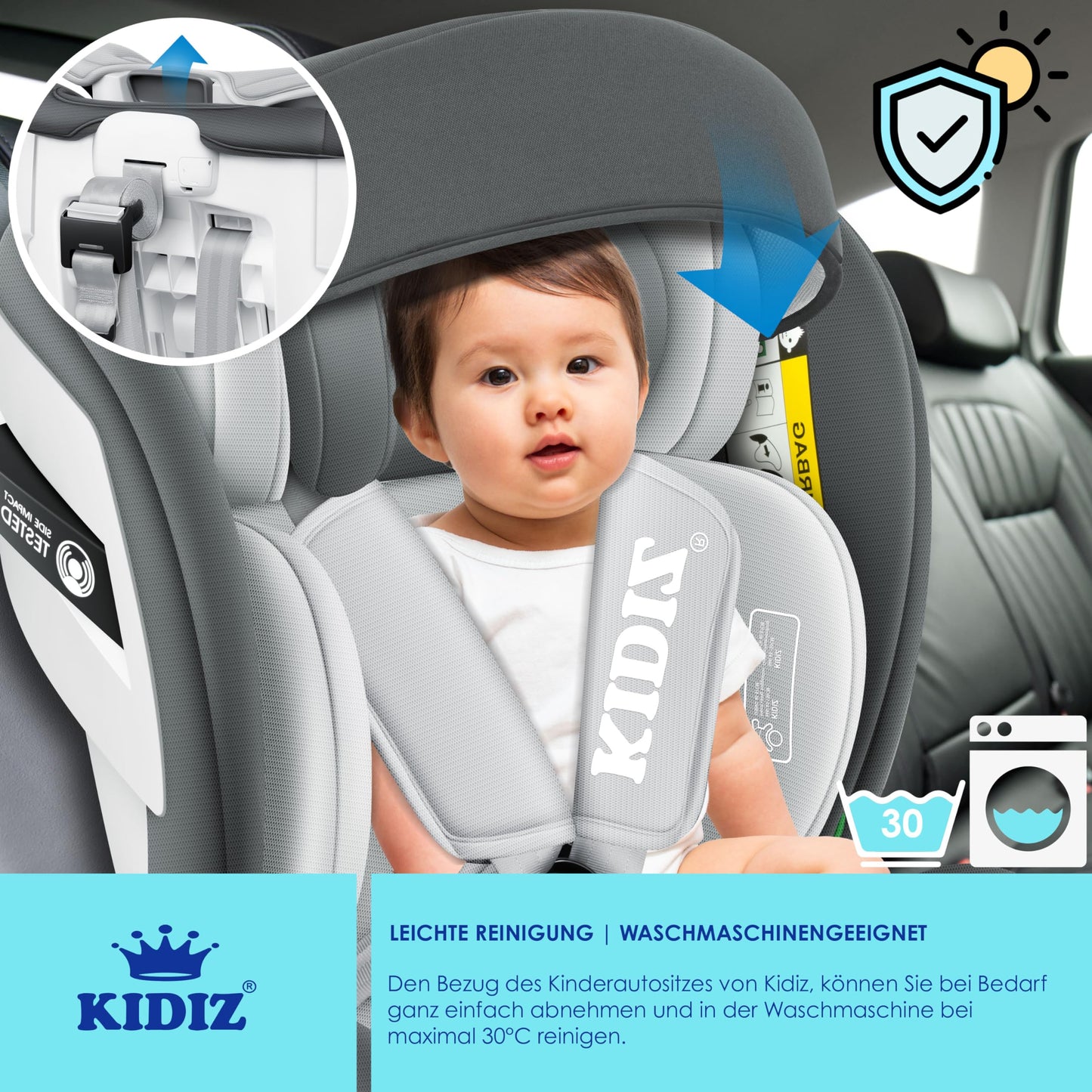 KIDIZ® Kindersitz Baby Autositz Kinderautositz Isofix Top Tether 360° drehbar Gruppe 0/1/2/3 ab Geburt 0-36kg Mit Sonnenschutzdach Seitenschutz 5 Punkt Gurt Kopfstützenverstellung ECE R129 Grau - Meloni2