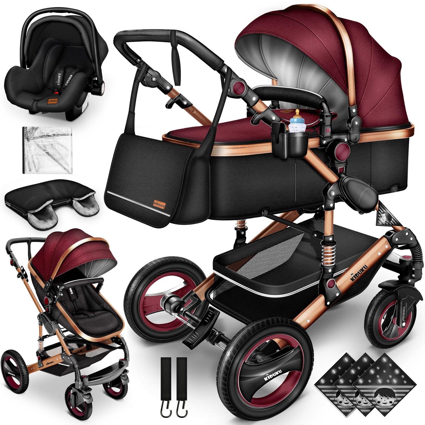 KIDUKU® 3 in 1 Kinderwagen Komplettset | Kombikinderwagen Set inkl. Babywanne & Buggy Sportsitz & Auto-Babyschale Fußsack | Vollgummireifen Wickeltasche Handwärmer Regenschutz Kindertisch ECE R129