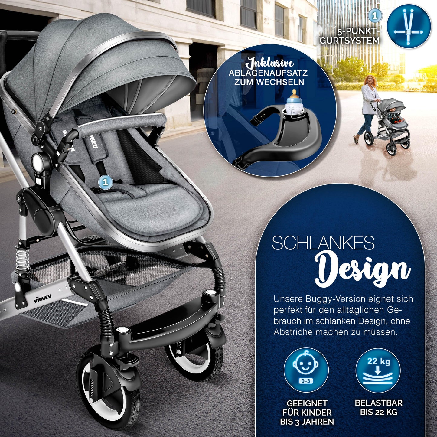 KIDUKU® 3 in 1 Kinderwagen Komplettset | Kombikinderwagen Set inkl. Babywanne & Buggy Sportsitz & Auto-Babyschale Fußsack | Vollgummireifen Wickeltasche Handwärmer Regenschutz Kindertisch ECE R129