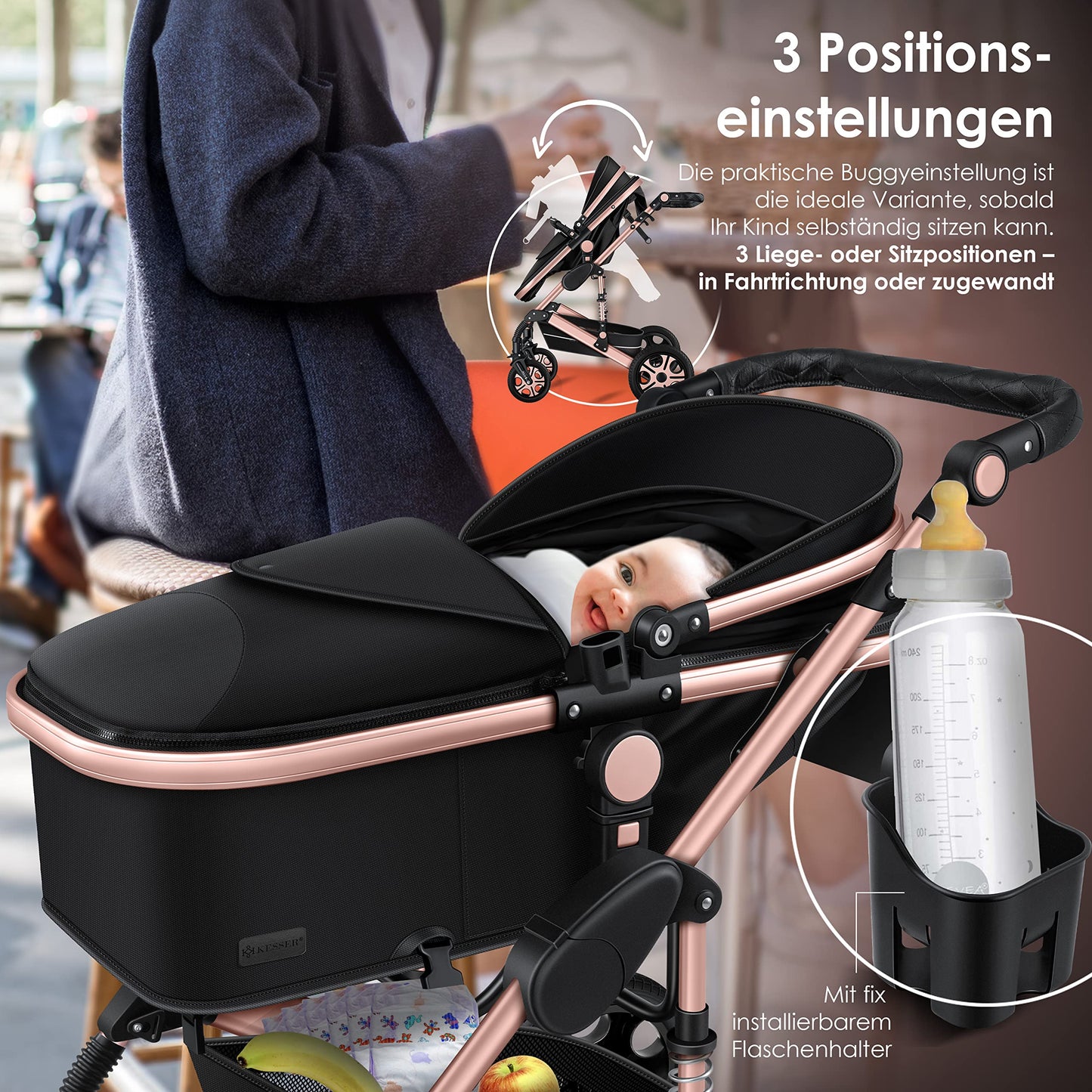 KESSER® Loops 3 in 1 Kinderwagen Kombikinderwagen Komplett-Set inkl. Babywanne & Buggy Sportsitz & Auto-Babyschale Voll-Gummireifen Wickeltasche Regenschutz Kindertisch ECE R129, Schwarz/Champagne - Meloni2