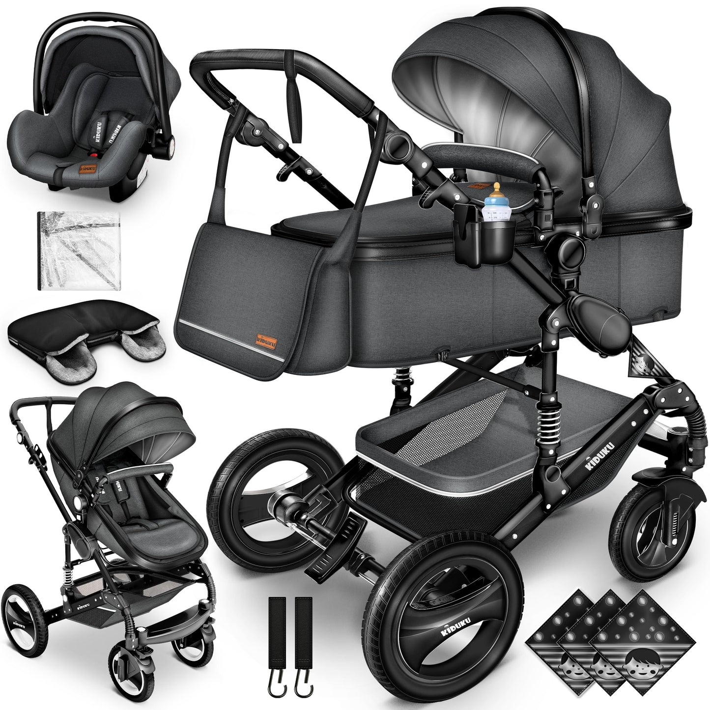 KIDUKU® 3-in-1 Stroller Complete Set | Combi Stroller Set including Carrycot & Buggy, Sports Seat & Car Seat, Footmuff | Solid Rubber Tires, Changing Bag, Hand Warmers, Rain Cover, Children's Table, ECE R129