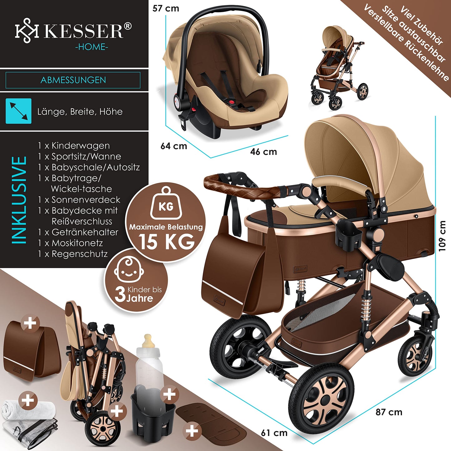 KESSER® Loops 3 in 1 Kinderwagen Kombikinderwagen Komplett-Set inkl. Babywanne & Buggy Sportsitz & Auto-Babyschale Voll-Gummireifen Wickeltasche Regenschutz Kindertisch ECE R129, Schwarz/Champagne - Meloni2