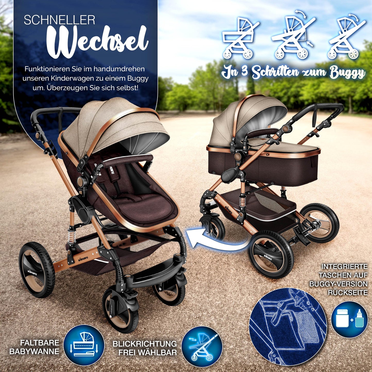 KIDUKU® 3 in 1 Kinderwagen Komplettset | Kombikinderwagen Set inkl. Babywanne & Buggy Sportsitz & Auto-Babyschale Fußsack | Vollgummireifen Wickeltasche Handwärmer Regenschutz Kindertisch ECE R129