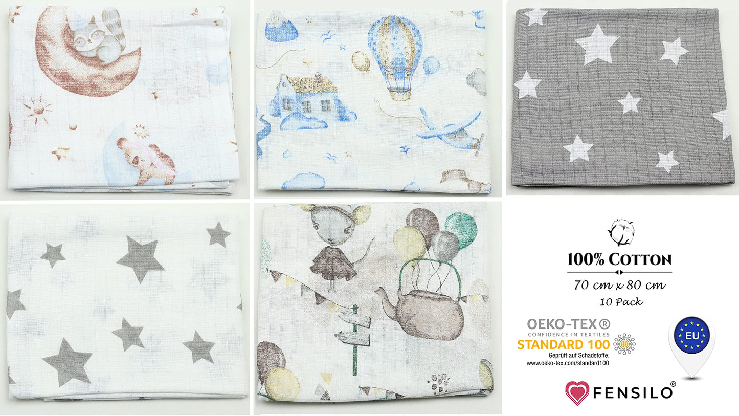 FENSILO - Mulltücher - Mullwindeln - 10er Pack 70x80 cm - Stoffwindeln, Made IN EU, schadstoffgeprüft - Spucktücher Set für Mädchen – Baby Mullwindeln- Rosa - Oeko-TEX Zertifiziert