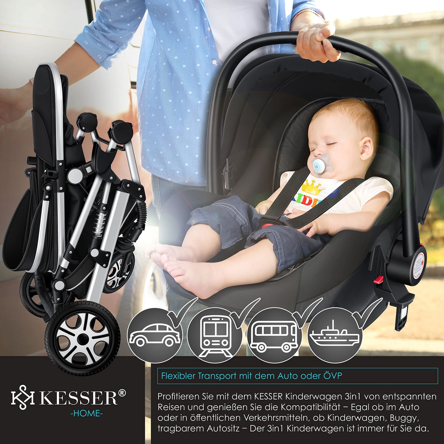 KESSER® Loops 3 in 1 Kinderwagen Kombikinderwagen Komplett-Set inkl. Babywanne & Buggy Sportsitz & Auto-Babyschale Voll-Gummireifen Wickeltasche Regenschutz Kindertisch ECE R129, Schwarz/Champagne - Meloni2