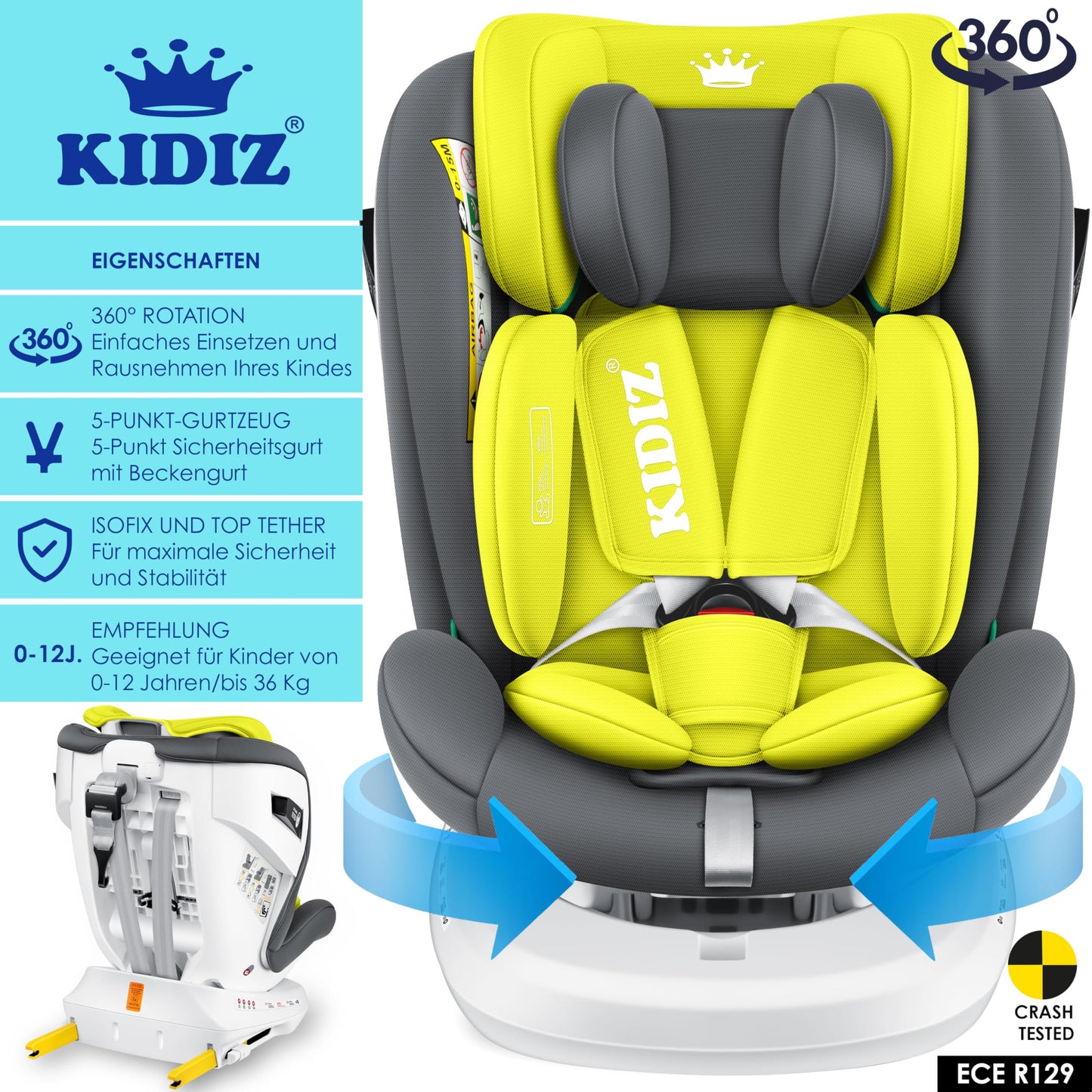 KIDIZ® Kindersitz Baby Autositz Kinderautositz Isofix Top Tether 360° drehbar Gruppe 0/1/2/3 ab Geburt 0-36kg Mit Sonnenschutzdach Seitenschutz 5 Punkt Gurt Kopfstützenverstellung ECE R129 Grau - Meloni2