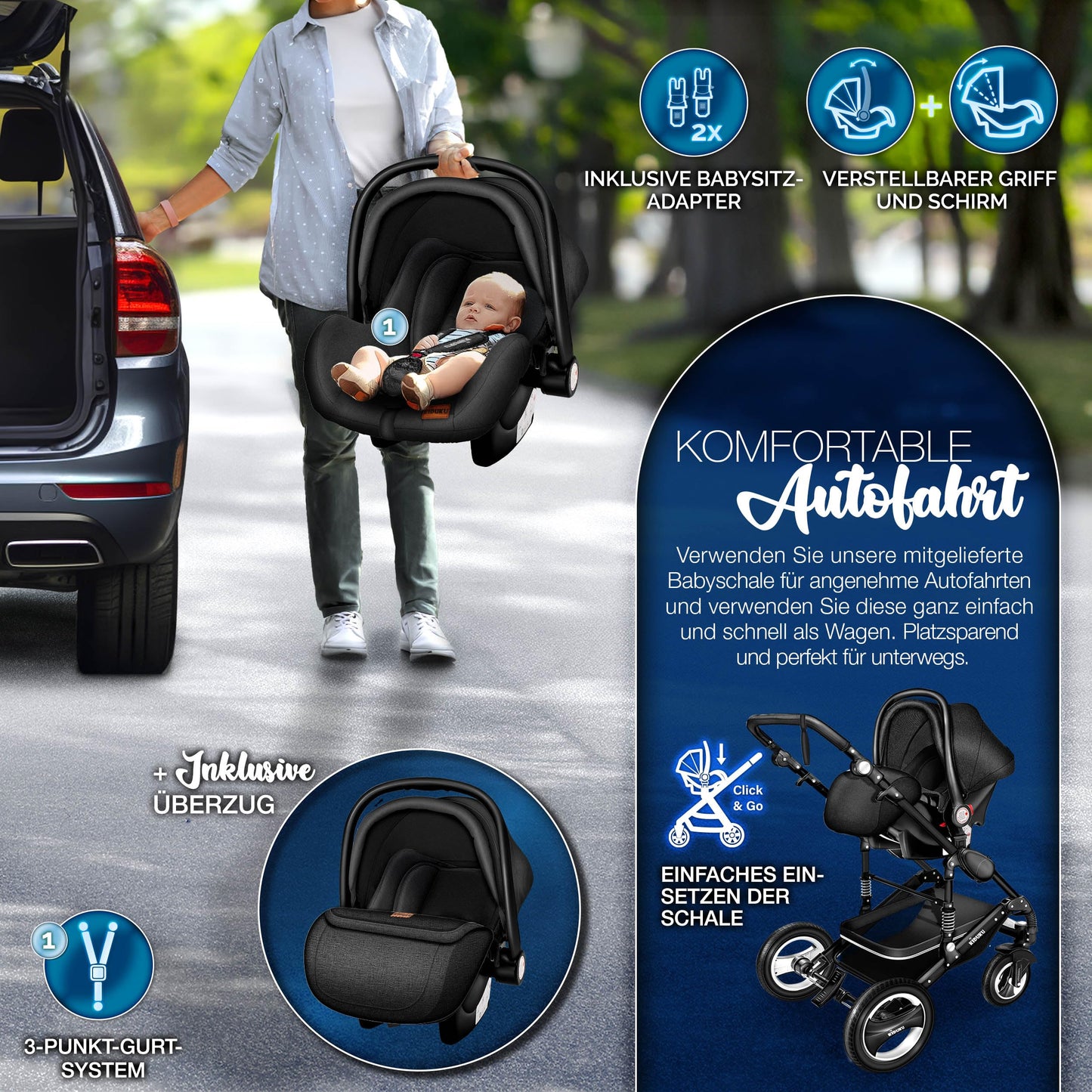 KIDUKU® 3 in 1 Kinderwagen Komplettset | Kombikinderwagen Set inkl. Babywanne & Buggy Sportsitz & Auto-Babyschale Fußsack | Vollgummireifen Wickeltasche Handwärmer Regenschutz Kindertisch ECE R129