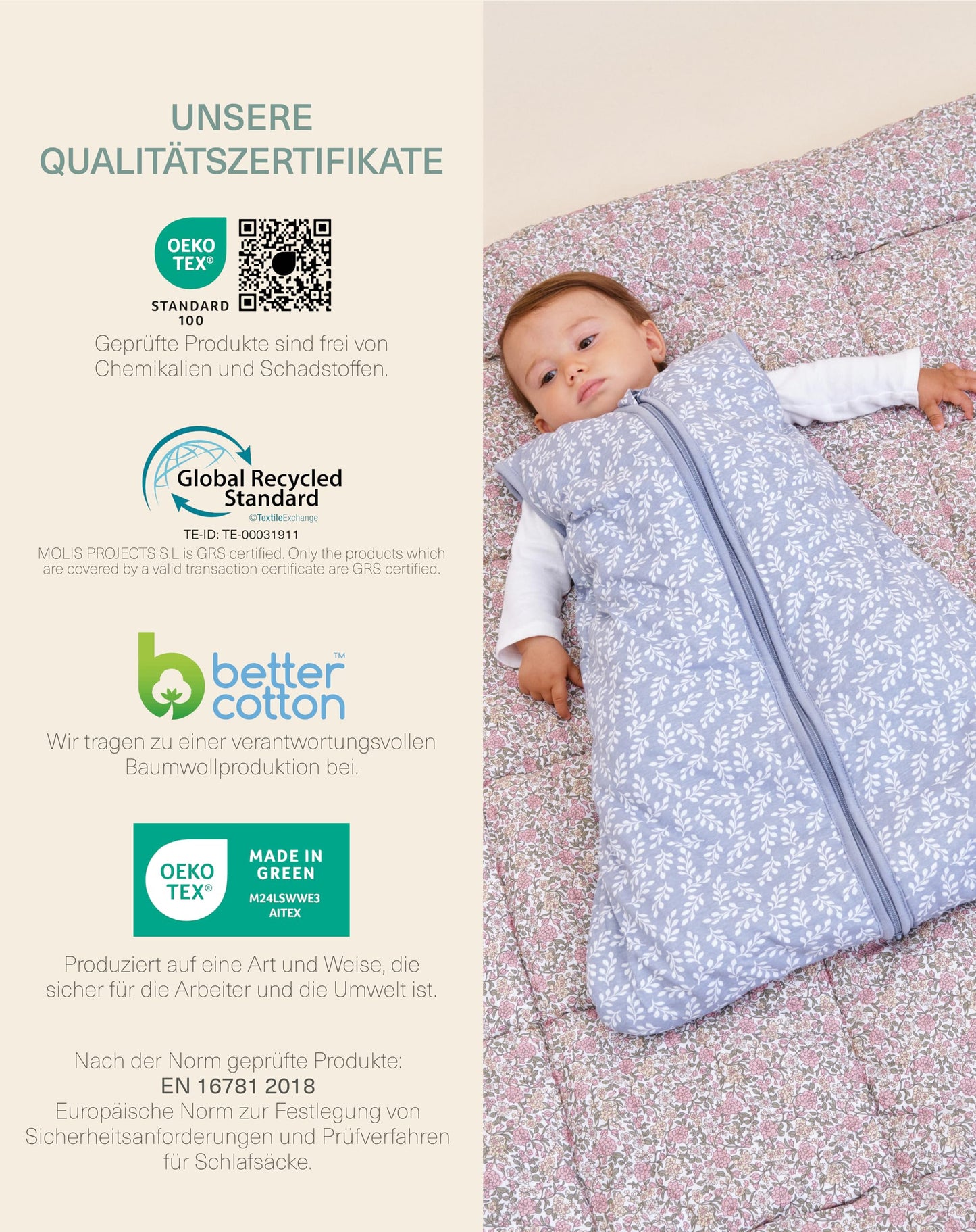 molis&co - Baby Sleeping Bag 2.5 TOG - All-Year Sleeping Bag - Baby Sleeping Bag Newborn - 100% Cotton (Oeko-Tex 100), Sleeveless Winter Sleeping Bag Padded - Premium Quality - Colima (70 cm)