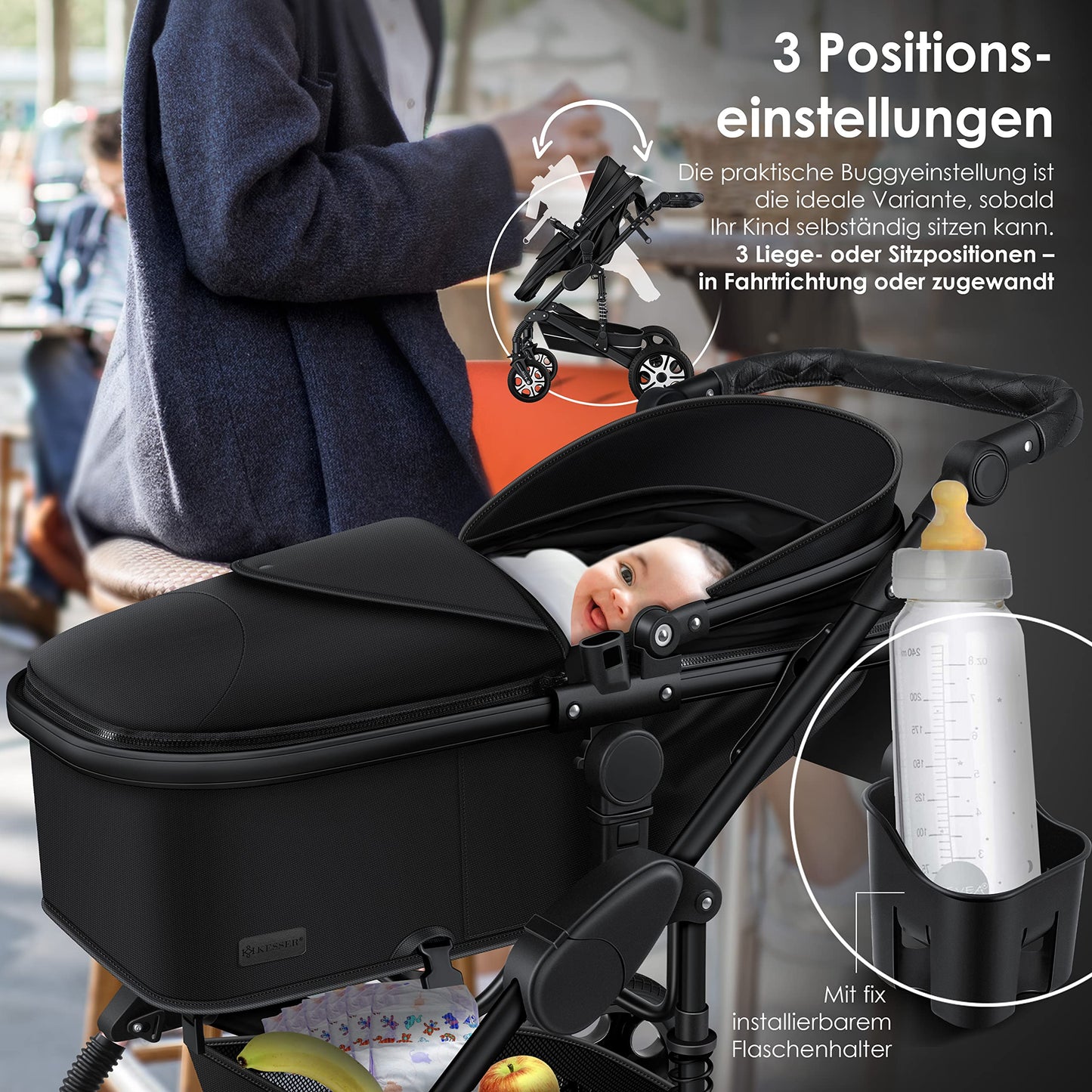 KESSER® Loops 3 in 1 Stroller Combi Stroller Complete Set including Carrycot & Buggy Sports Seat & Car Seat Solid Rubber Tires Changing Bag Rain Cover Children's Table ECE R129, Black/Champagne