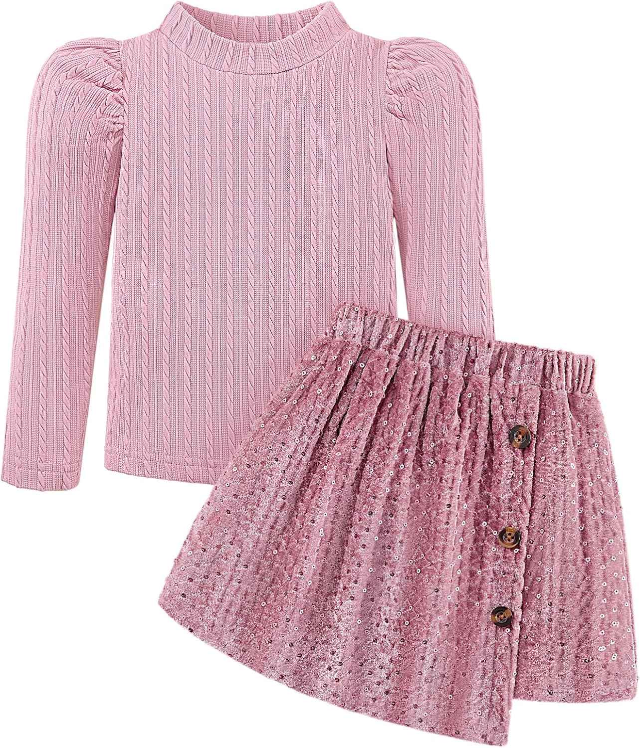 Bkixhv Baby Girls Clothes, Toddler Girls Skirt Set, Autumn Outfits, Long Puff Sleeves, Tops and Sequin Mini Skirt