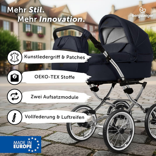 Bergsteiger Venice Nostalgia 4-in-1 Combination Pushchair - Baby Carrycot, Sports Seat, i-Size Baby Seat & Isofix Station, Pneumatic Tyres, Height Adjustable, Foldable, Accessories