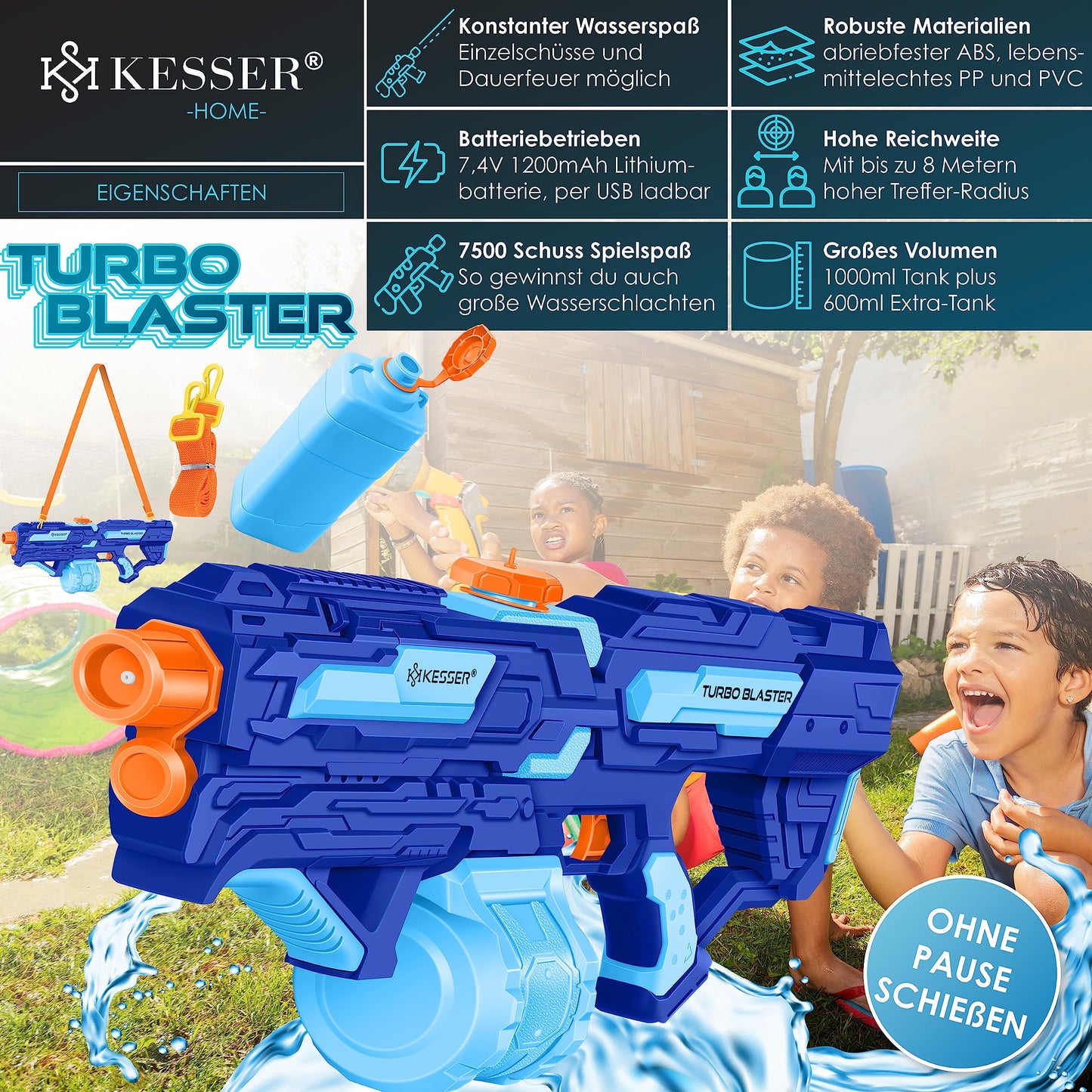 KESSER® Wasserpistole Elektrisch mit Akku Spritzpistolen 1000 ml große Wasserspritzpistole für Kinder und Erwachsene, 8m Reichweite, Wasserspielzeug inkl. Akku, Ladekabel & Extra-Tank Rot/Schwarz