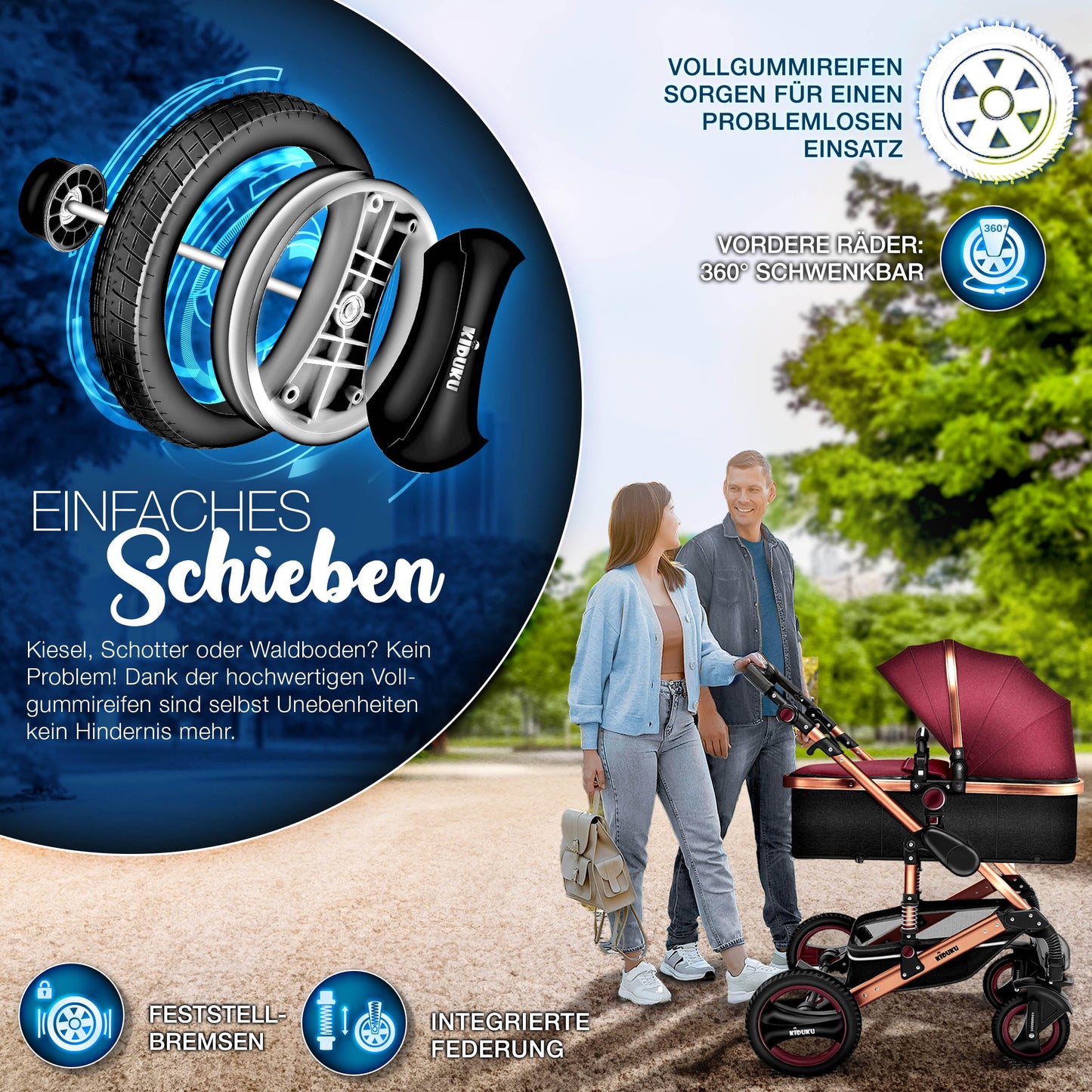 KIDUKU® 3 in 1 Kinderwagen Komplettset | Kombikinderwagen Set inkl. Babywanne & Buggy Sportsitz & Auto-Babyschale Fußsack | Vollgummireifen Wickeltasche Handwärmer Regenschutz Kindertisch ECE R129
