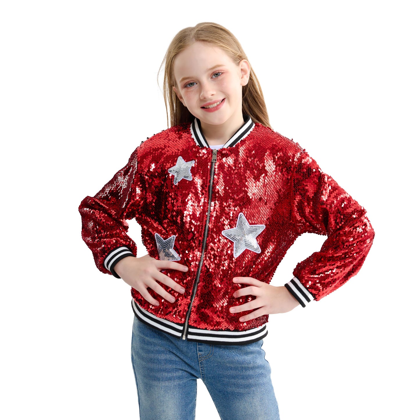 LOLANTA Girls Sequin Bomber Jacket with Pockets Zipper Long Sleeve Glitter Baseball Jackets for Kids 4-13 Years