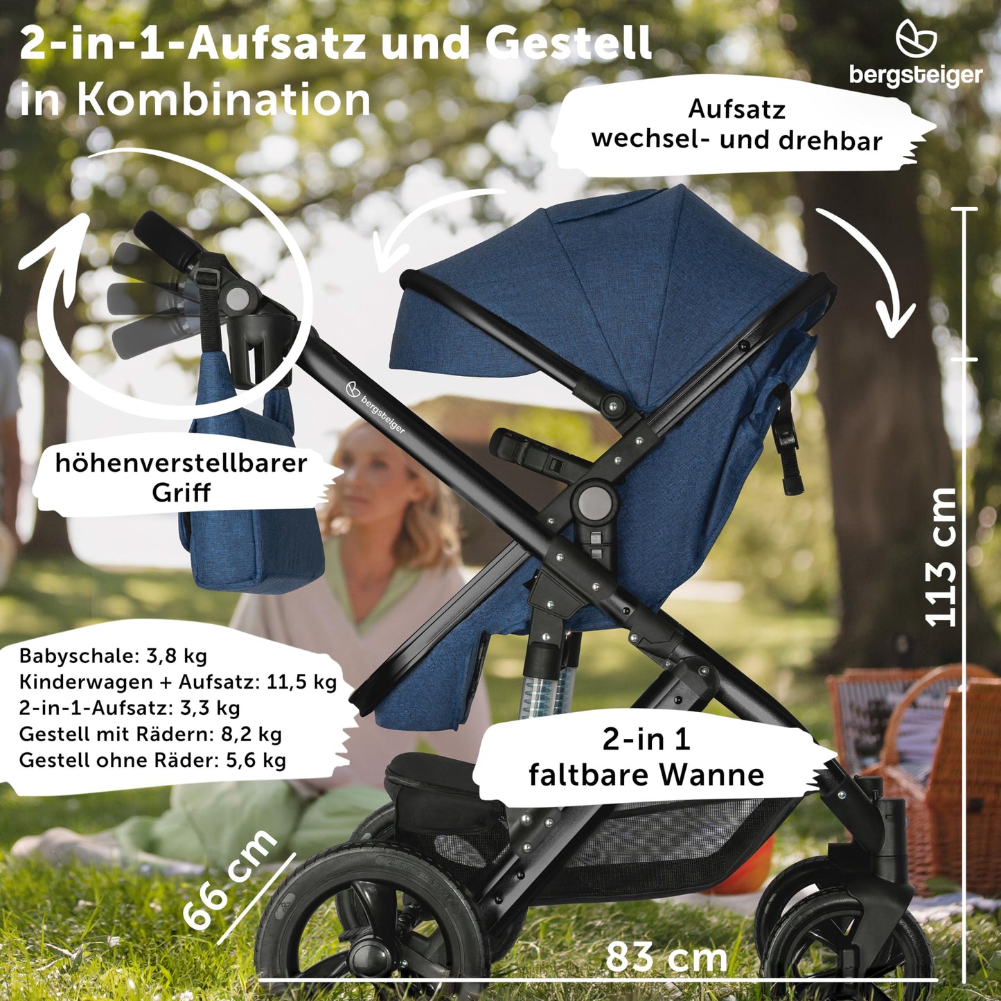 Bergsteiger Nizza 3 in 1 Kinderwagen, Kombikinderwagen Komplettset, Auto-Babyschale & Isofix Station, Babywanne & Buggy Sportsitz inklusive