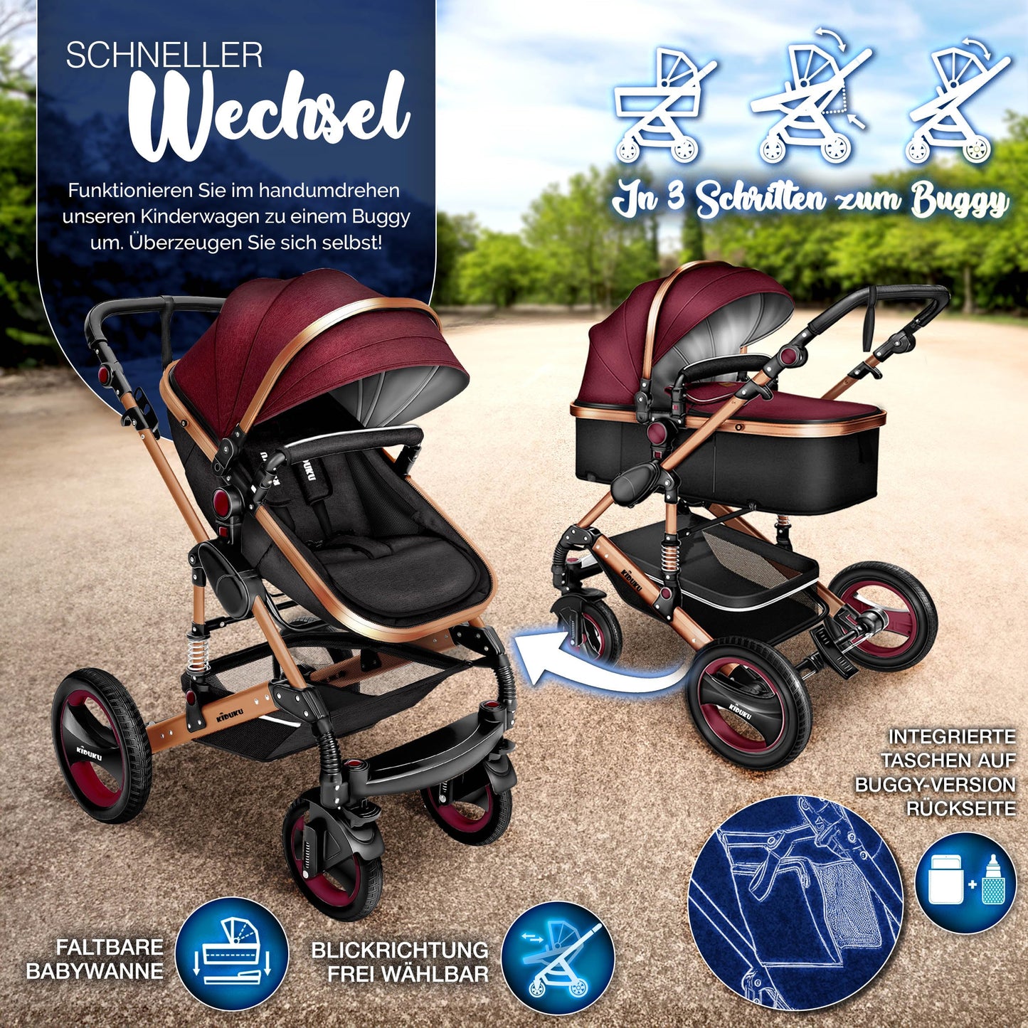 KIDUKU® 3 in 1 Kinderwagen Komplettset | Kombikinderwagen Set inkl. Babywanne & Buggy Sportsitz & Auto-Babyschale Fußsack | Vollgummireifen Wickeltasche Handwärmer Regenschutz Kindertisch ECE R129