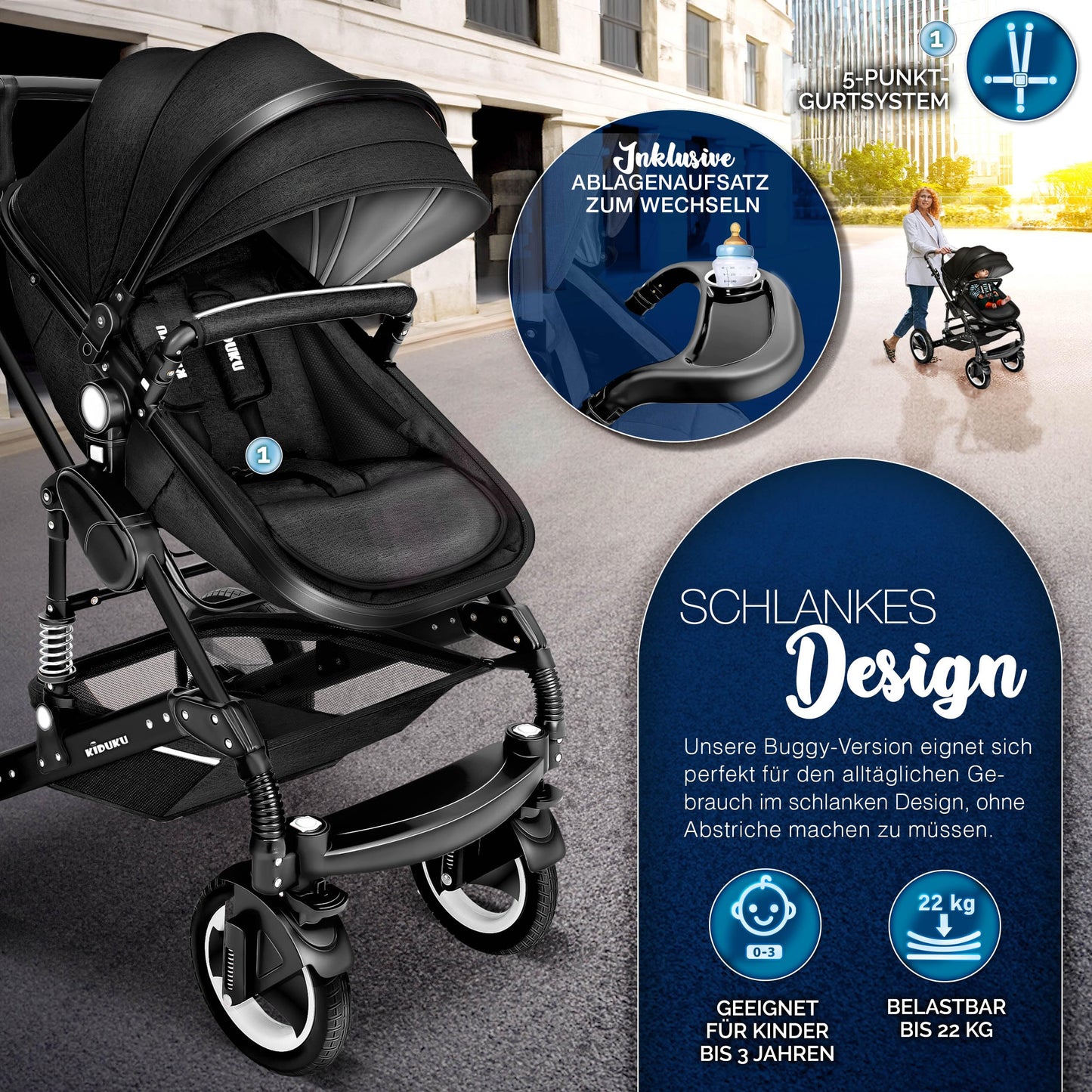 KIDUKU® 3 in 1 Kinderwagen Komplettset | Kombikinderwagen Set inkl. Babywanne & Buggy Sportsitz & Auto-Babyschale Fußsack | Vollgummireifen Wickeltasche Handwärmer Regenschutz Kindertisch ECE R129