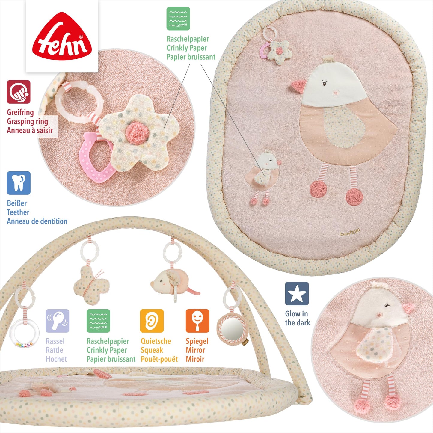 Fehn 3-D-Activity-Decke Spielbogen Peru – Baby Krabbeldecke mit 5 abnehmbaren Spielzeugen zum Greifen – Spieldecke für Babys und Kinder ab 0+ Monaten – Krabbelmatte als Geschenk zur Geburt