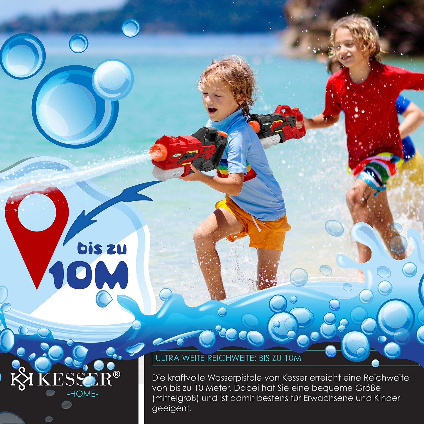KESSER® Wasserpistole 2er Set Wasserpistolen Spritzpistolen Reichweite 10-11 Meter, Fassungsvermögen 1500ml Wasserspaß Strand Spielzeug im Freien für Kinder und Erwachsene Strandpool, Blau/Weiß